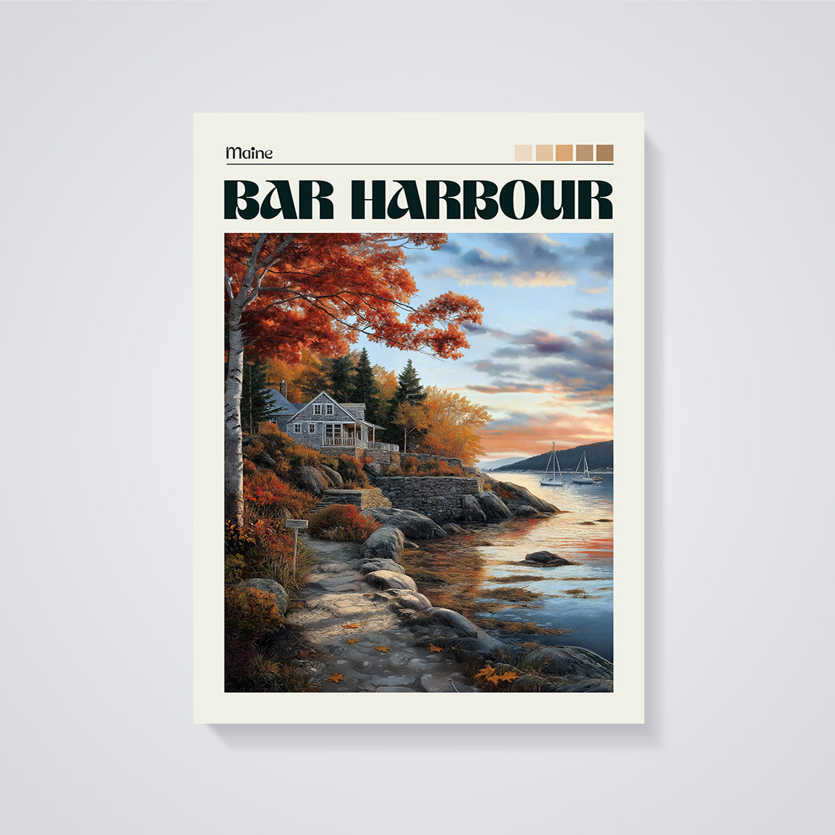 Bar Harbour Autumn Coast Print unframed on a grey background