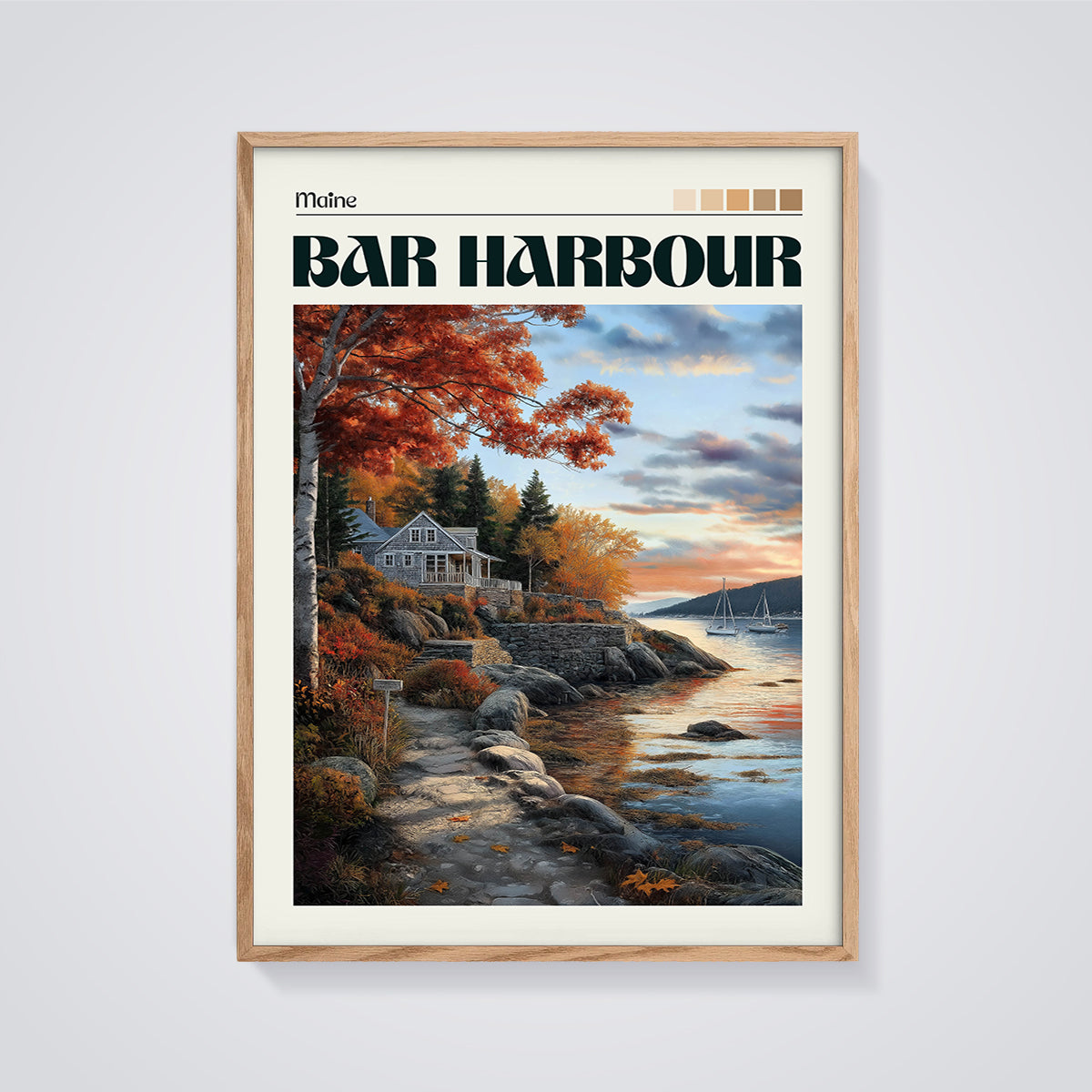 Bar Harbour Autumn Coast Print framed in oak on a grey background