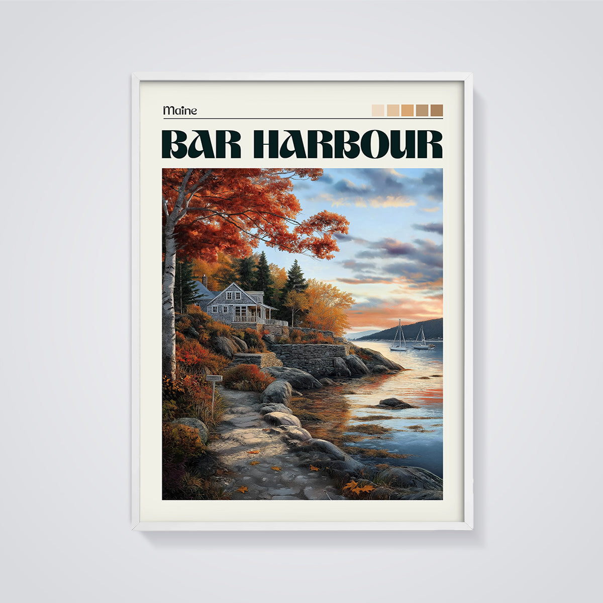 Bar Harbour Autumn Coast Print framed in white on a grey background