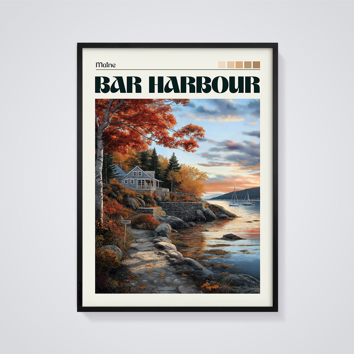 Bar Harbour Autumn Coast Print framed in black on a grey background