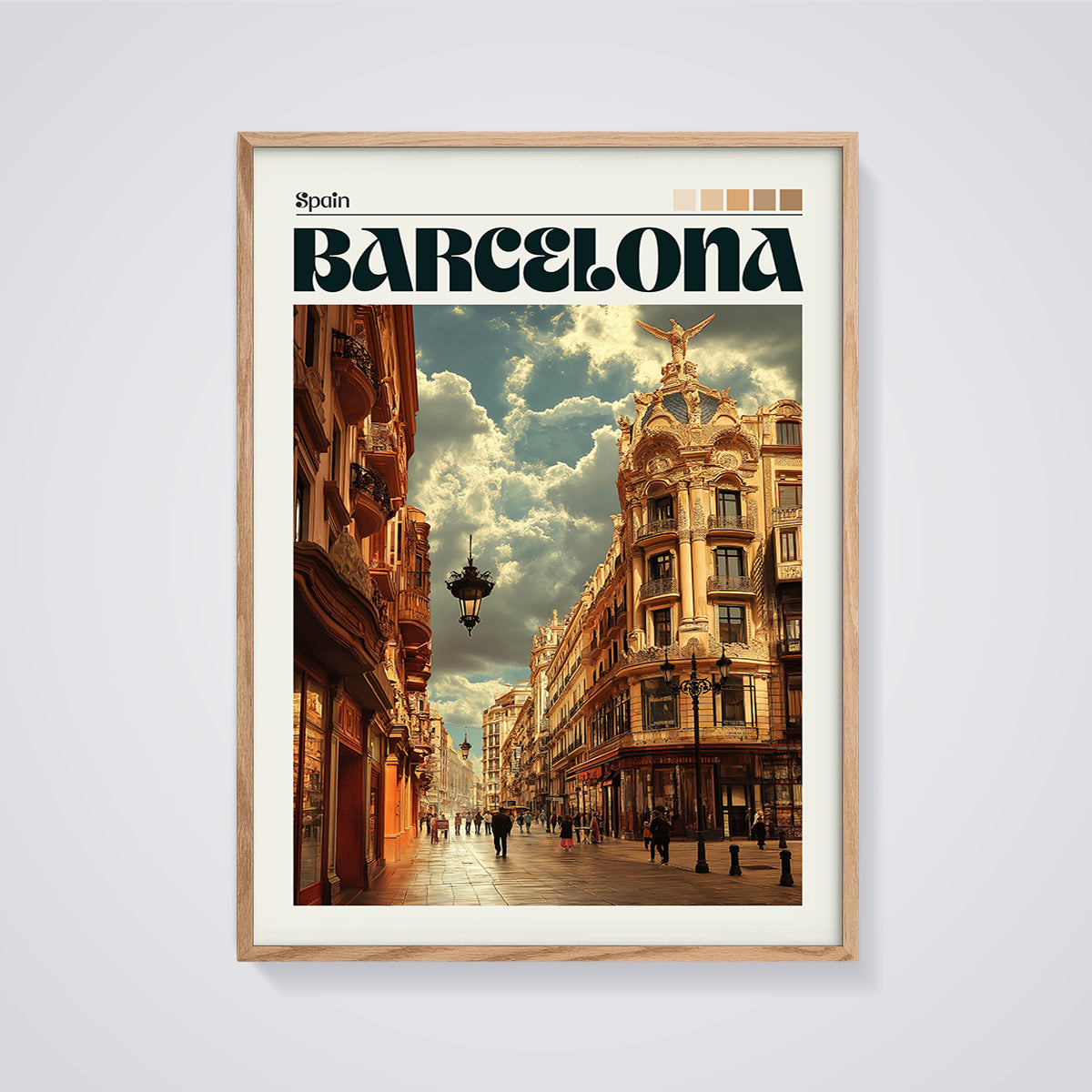 Barcelona Ornate Street Print framed in oak on a grey background