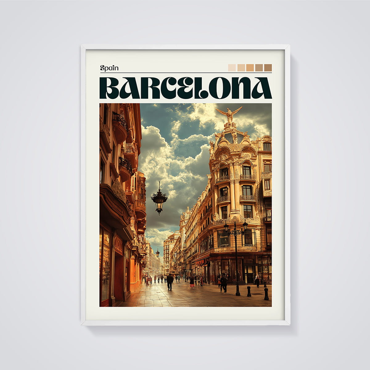 Barcelona Ornate Street Print framed in white on a grey background
