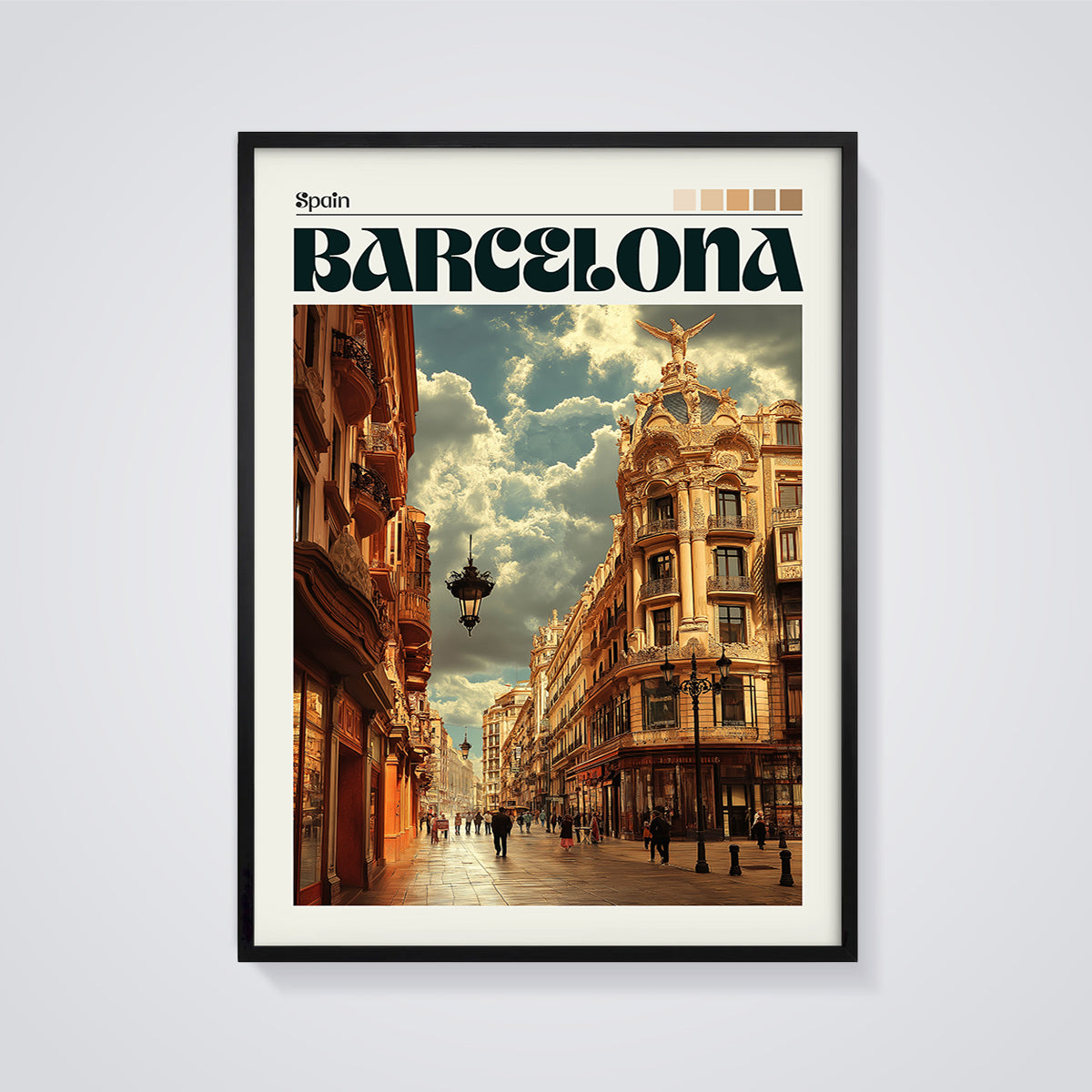 Barcelona Ornate Street Print framed in black on a grey background