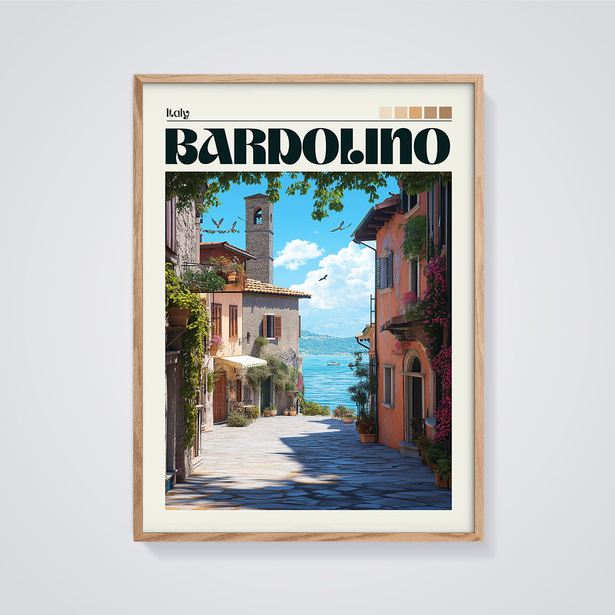 Bardolino Italy Street Print framed in oak on a grey background