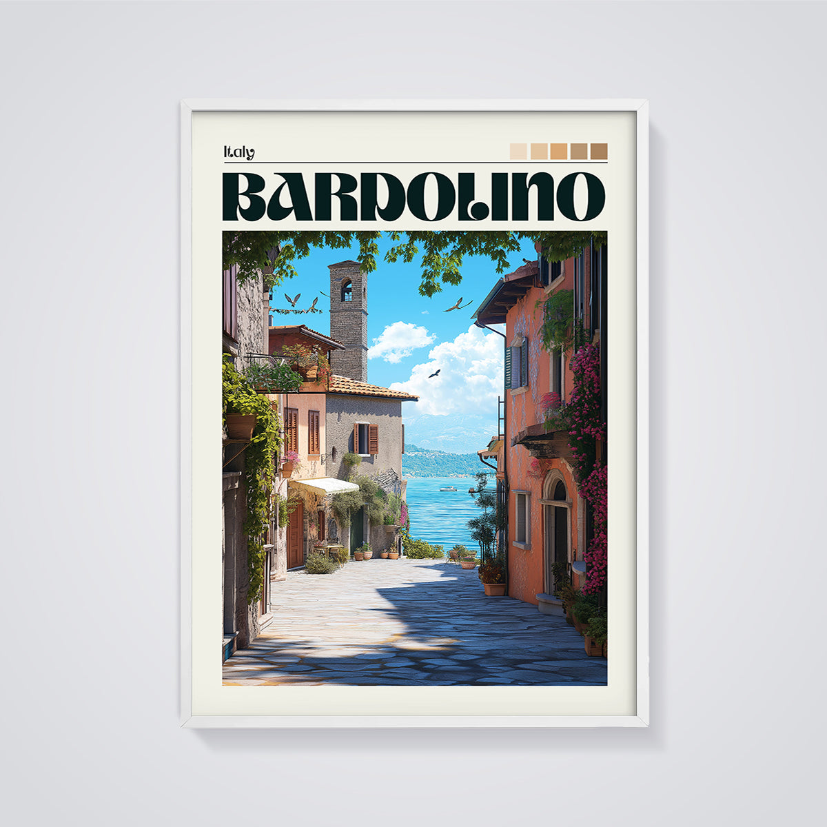 Bardolino Italy Street Print framed in white on a grey background