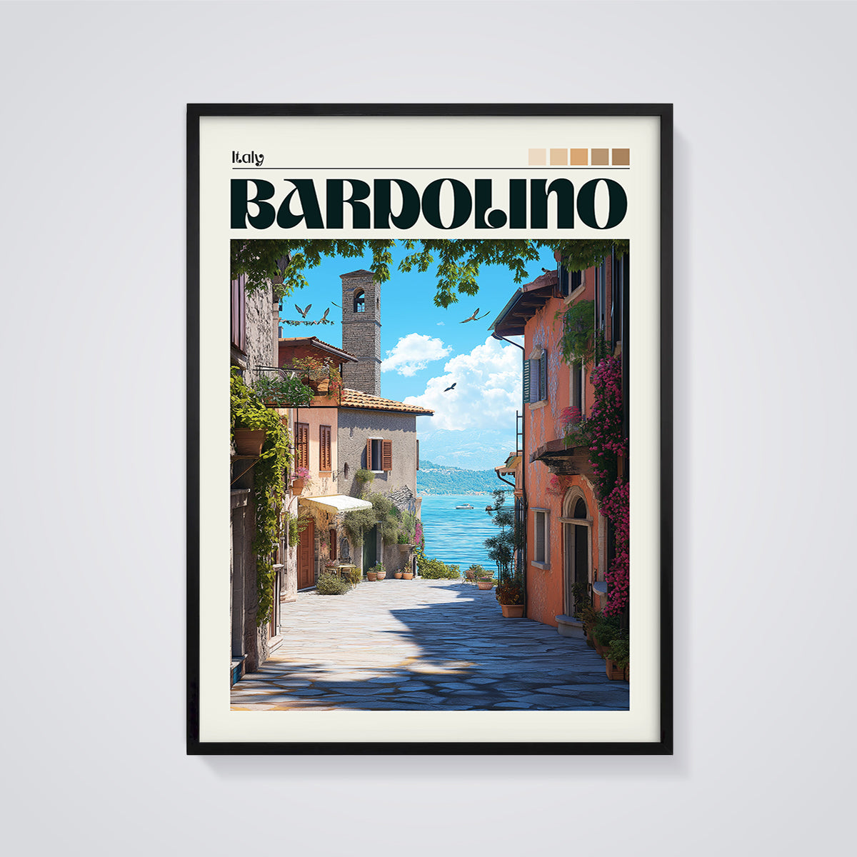 Bardolino Italy Street Print framed in black on a grey background