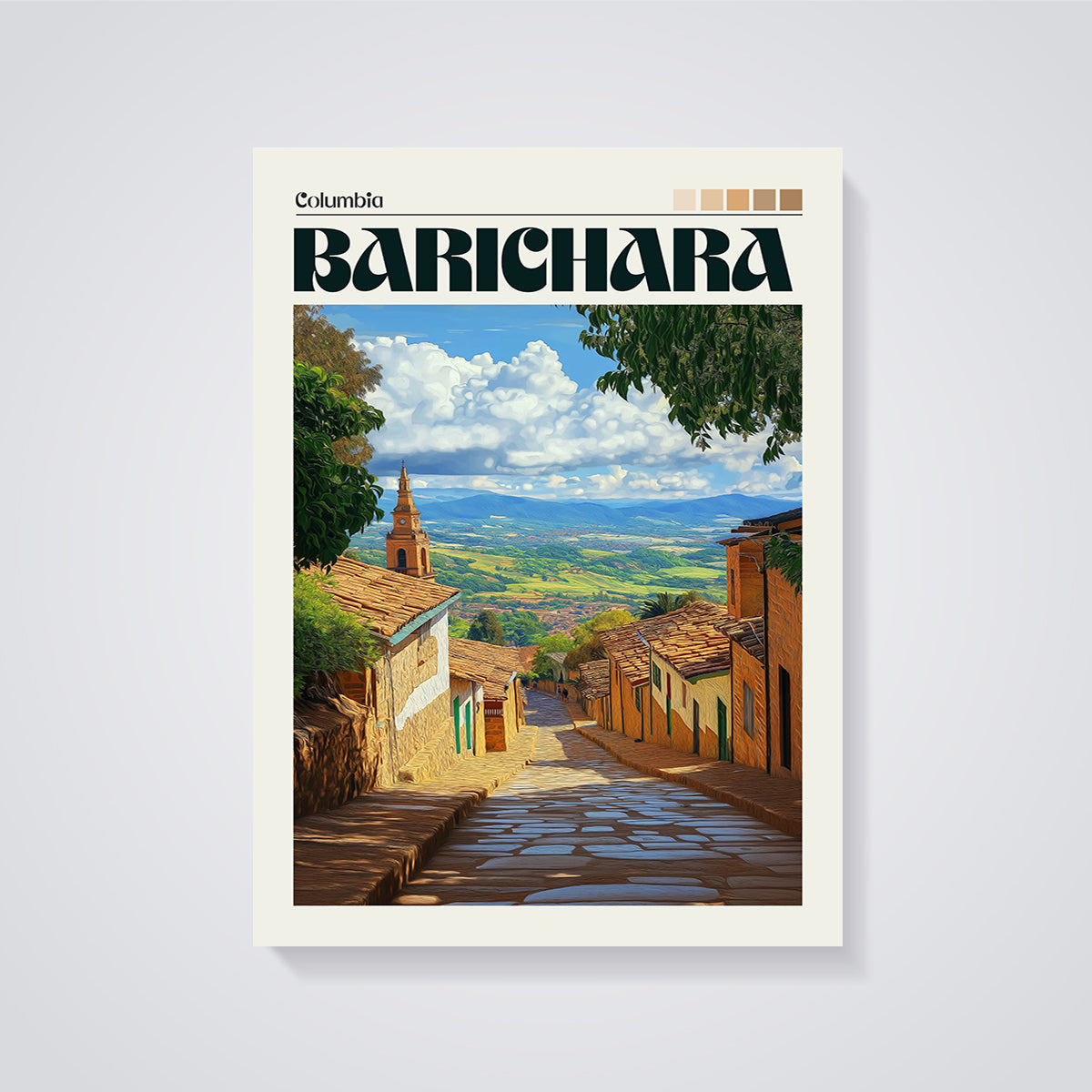 Barichara Colombia Cobblestone Street Print unframed on a grey background