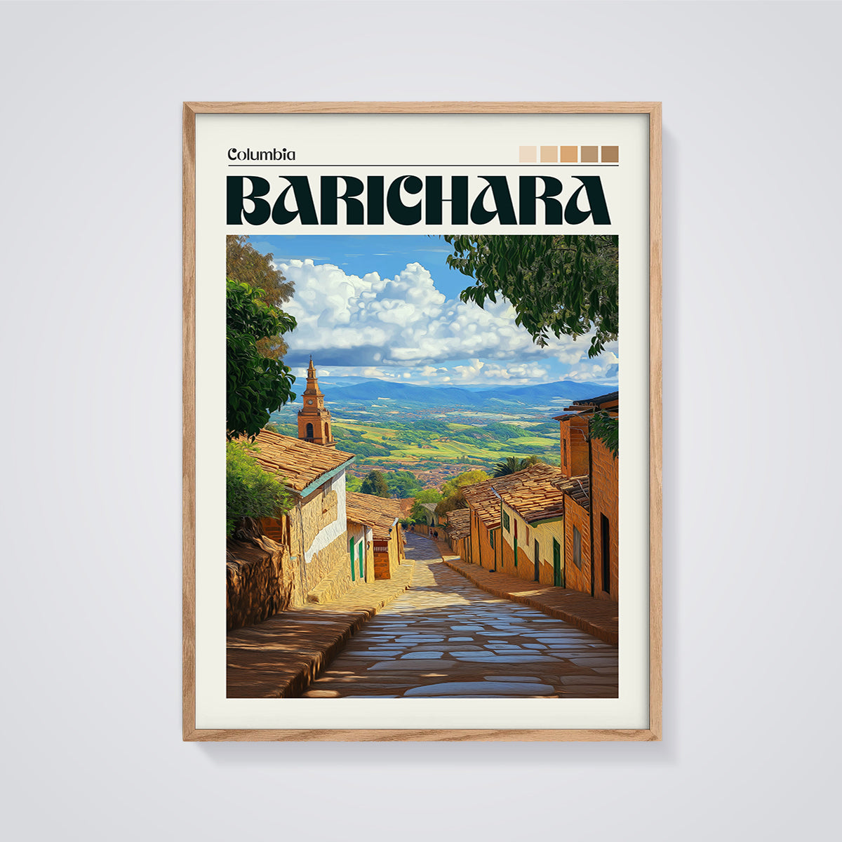 Barichara Colombia Cobblestone Street Print framed in oak on a grey background
