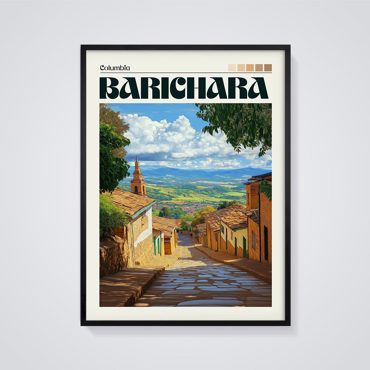 Barichara Colombia Cobblestone Street Print framed in black on a grey background