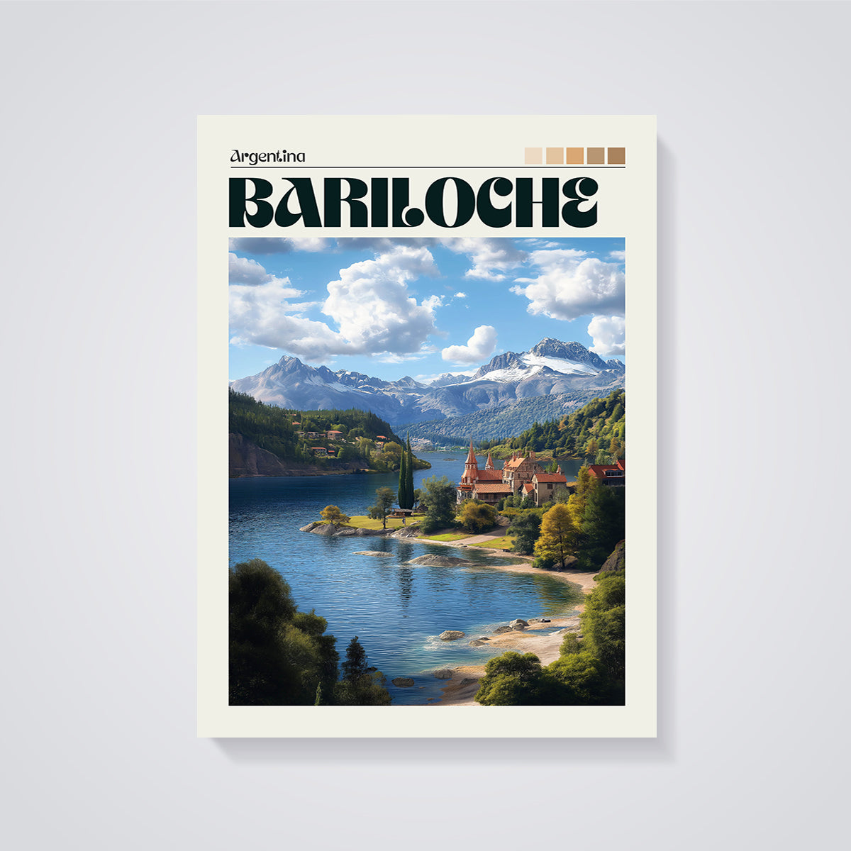 Bariloche Argentina Lake Mountains Print unframed on a grey background