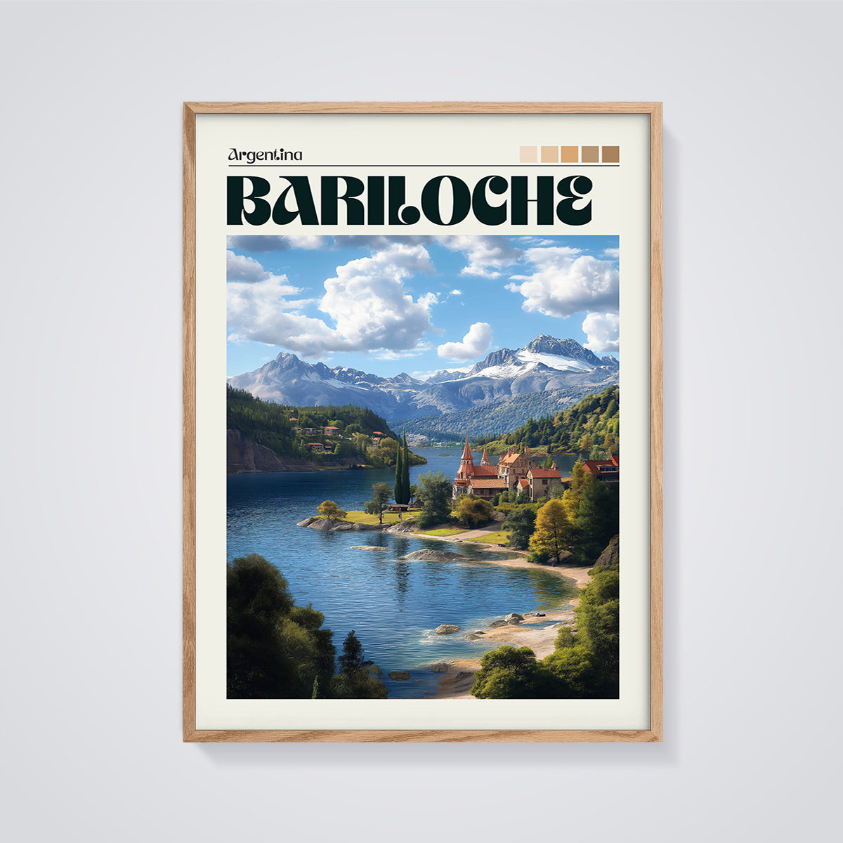 Bariloche Argentina Lake Mountains Print framed in oak on a grey background
