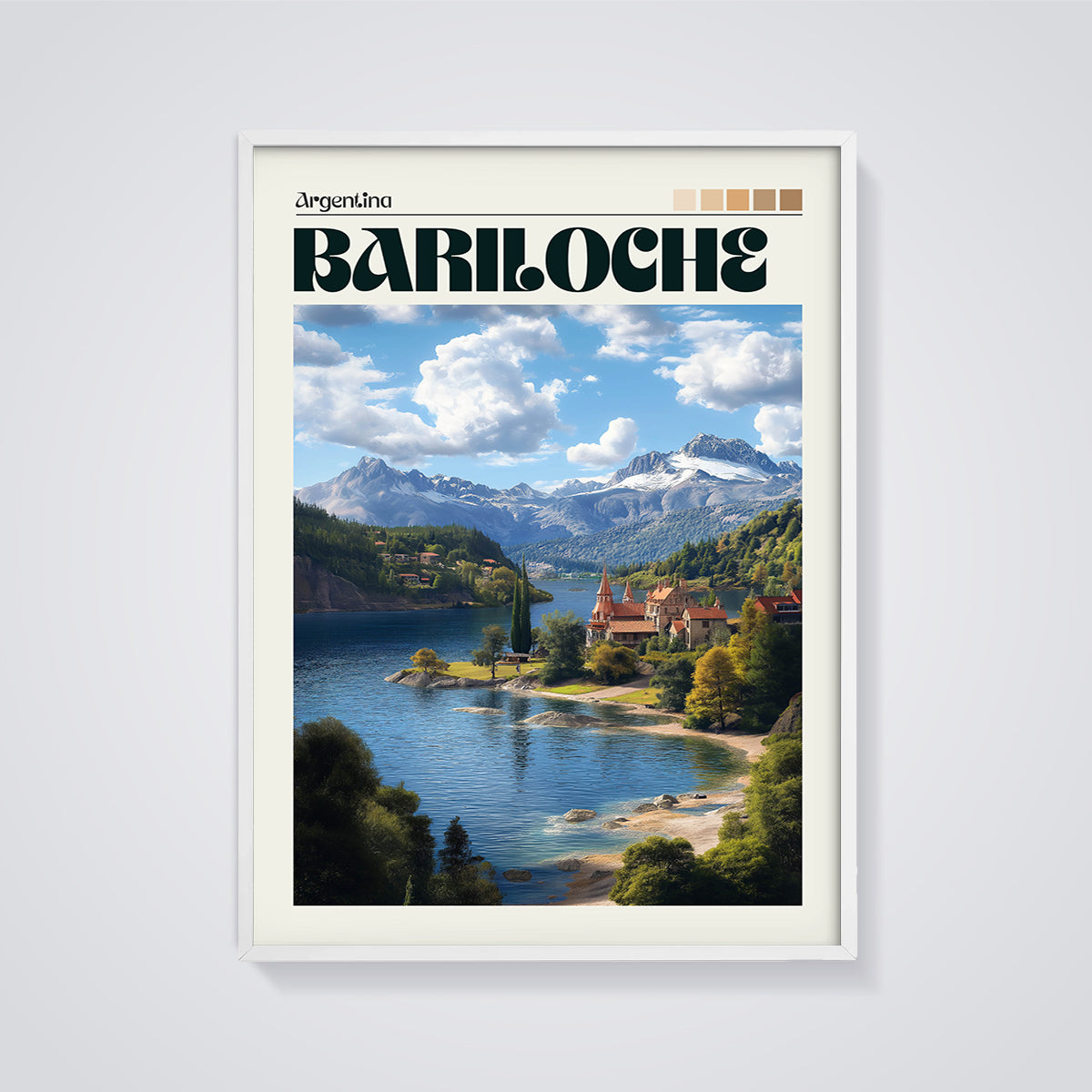 Bariloche Argentina Lake Mountains Print framed in white on a grey background