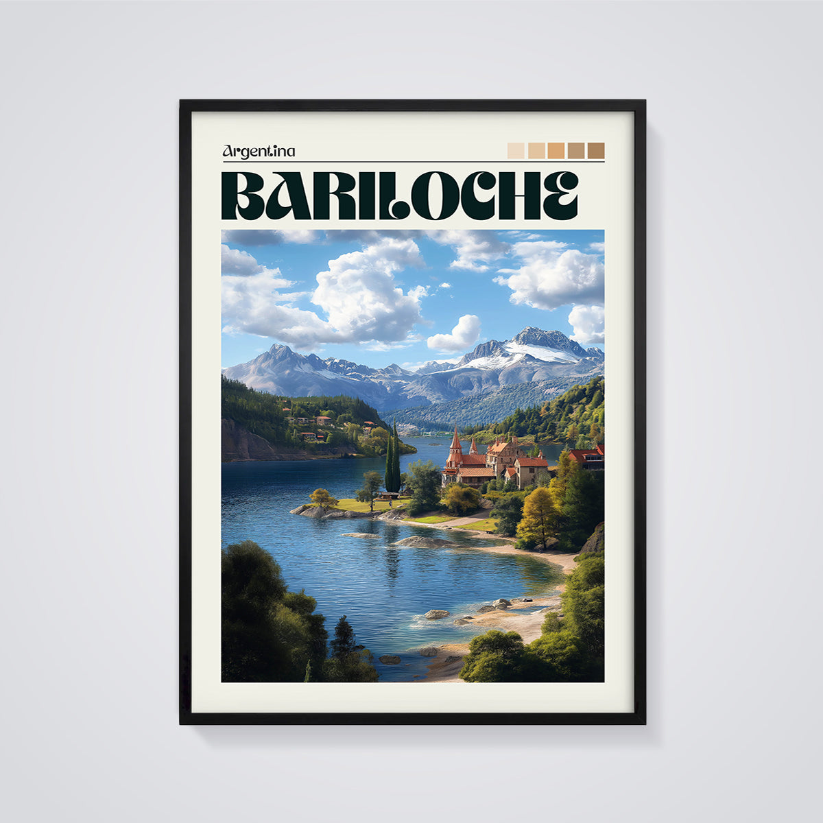 Bariloche Argentina Lake Mountains Print framed in black on a grey background