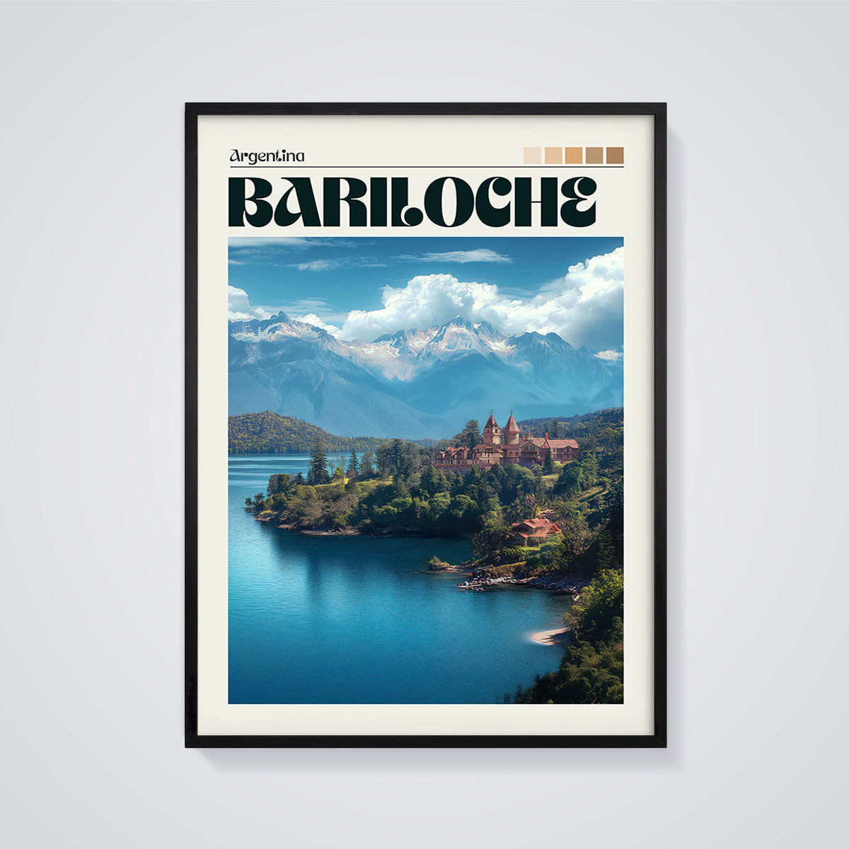 Bariloche Patagonia Lake Resort Print framed in black on a grey background