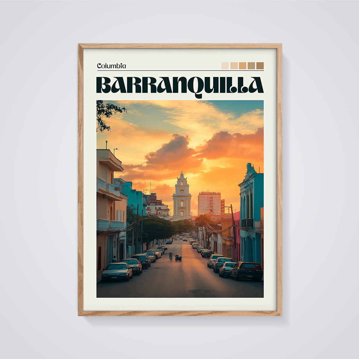 Barranquilla Sunset Street Print framed in oak on a grey background