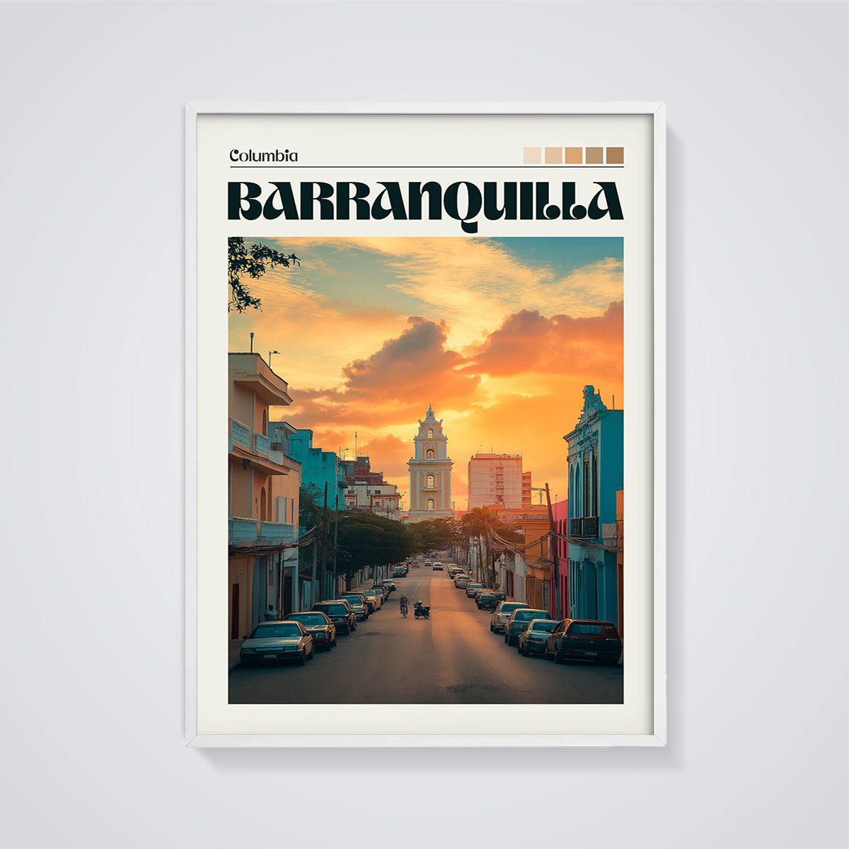 Barranquilla Sunset Street Print framed in white on a grey background