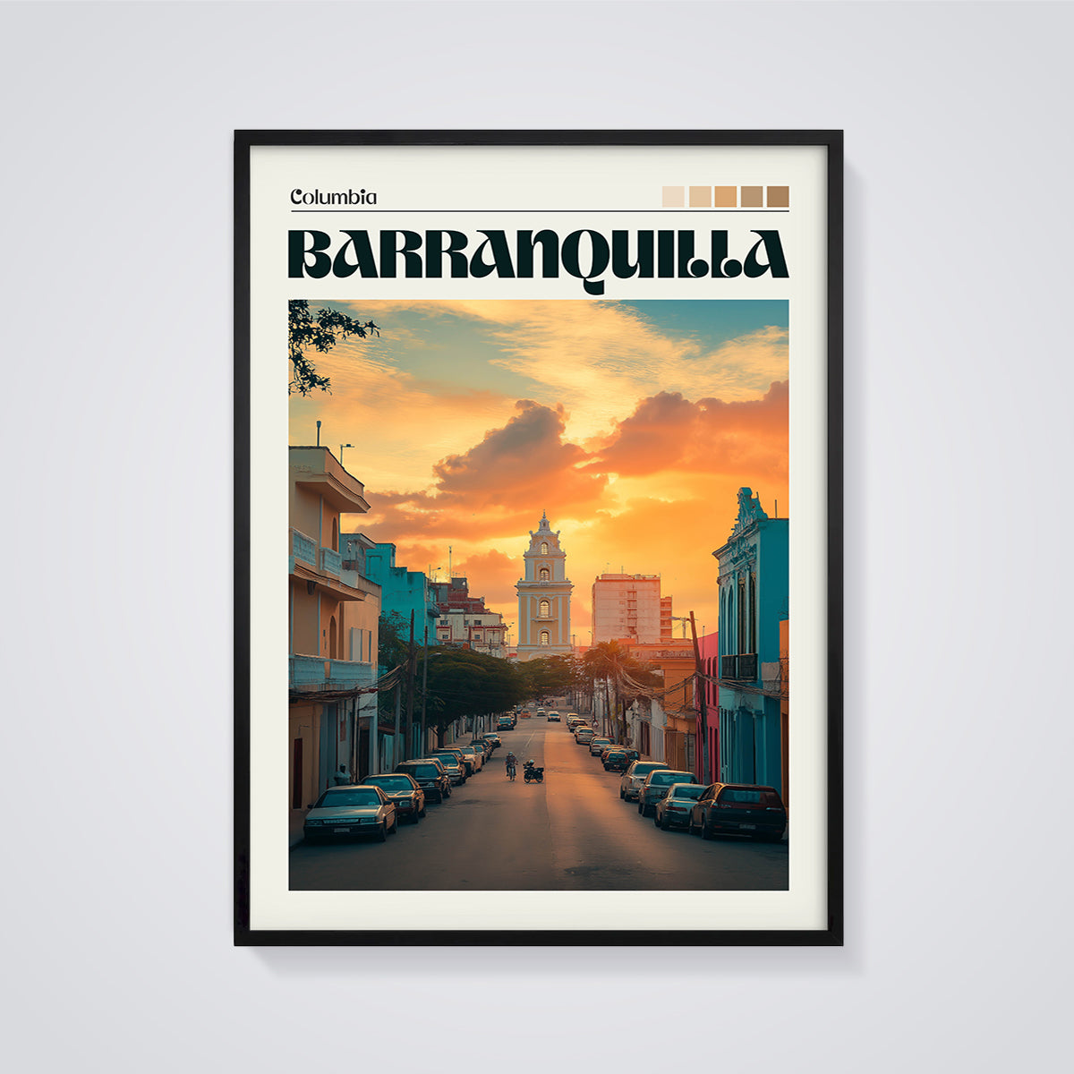 Barranquilla Sunset Street Print framed in black on a grey background