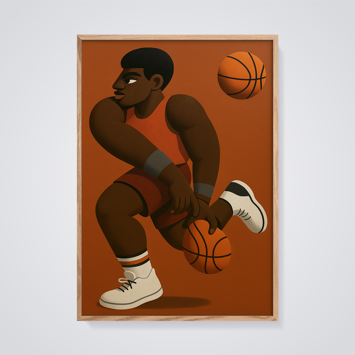 Basketball Finger Spin Print framed in oak on a grey background