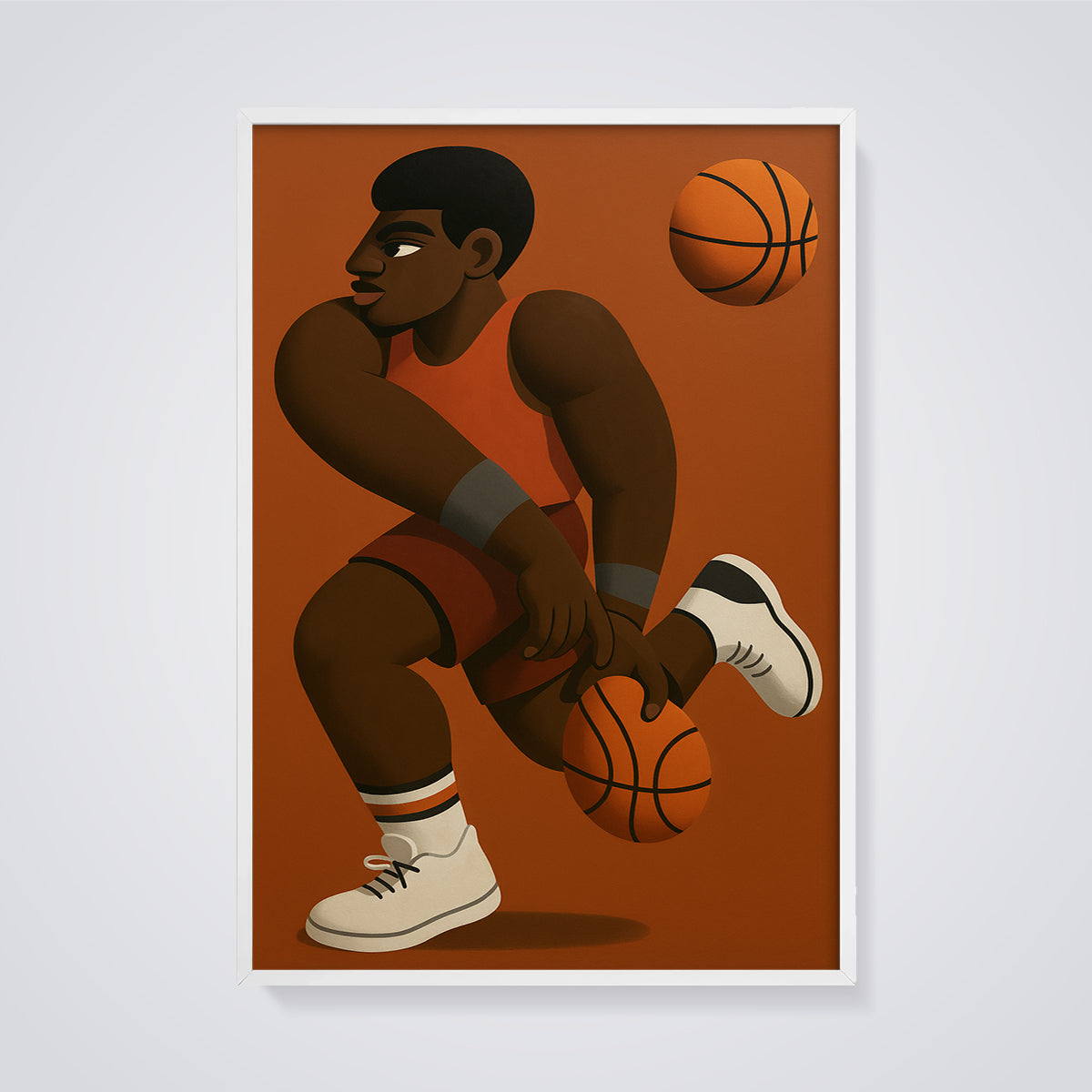 Basketball Finger Spin Print framed in white on a grey background
