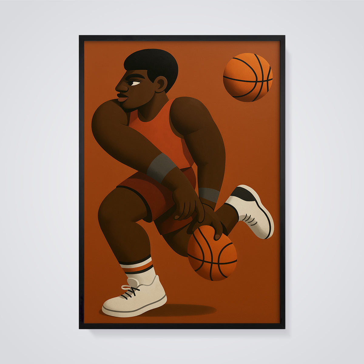 Basketball Finger Spin Print framed in black on a grey background