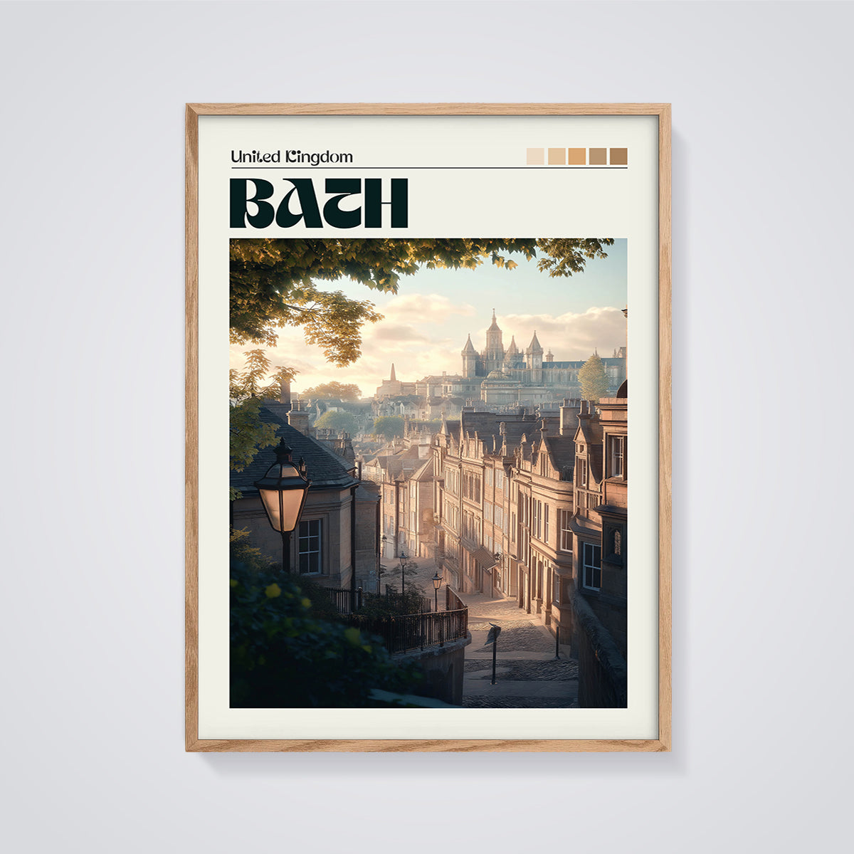 Bath City View Print framed in oak on a grey background