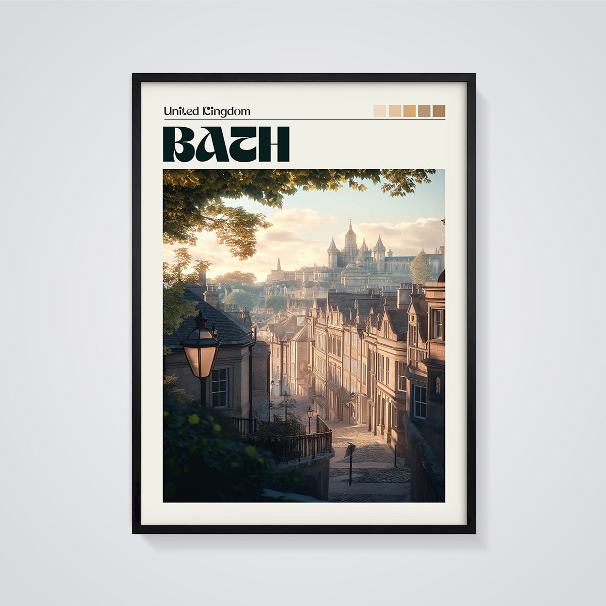 Bath City View Print framed in black on a grey background