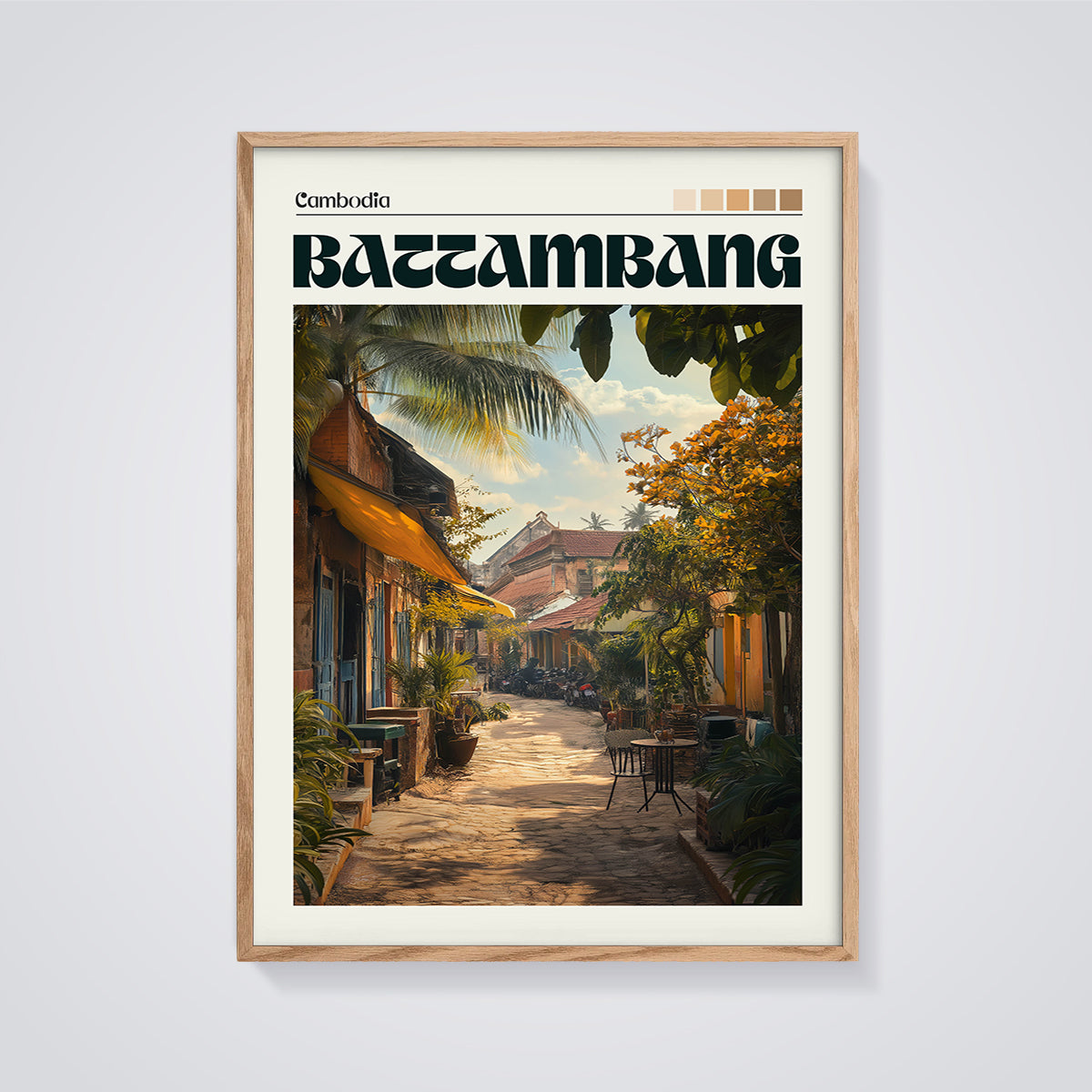 Battambang Street Scene Print framed in oak on a grey background