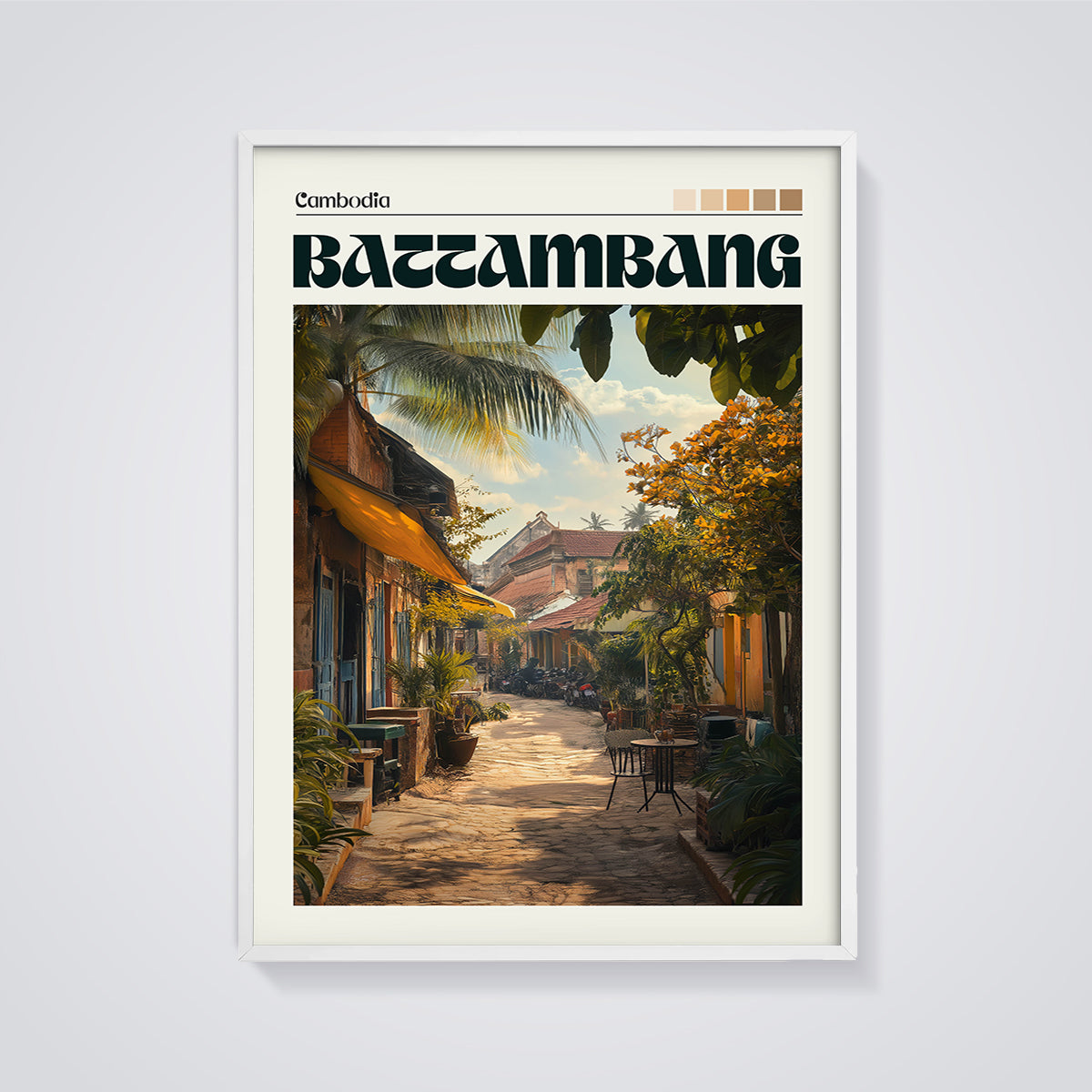 Battambang Street Scene Print framed in white on a grey background