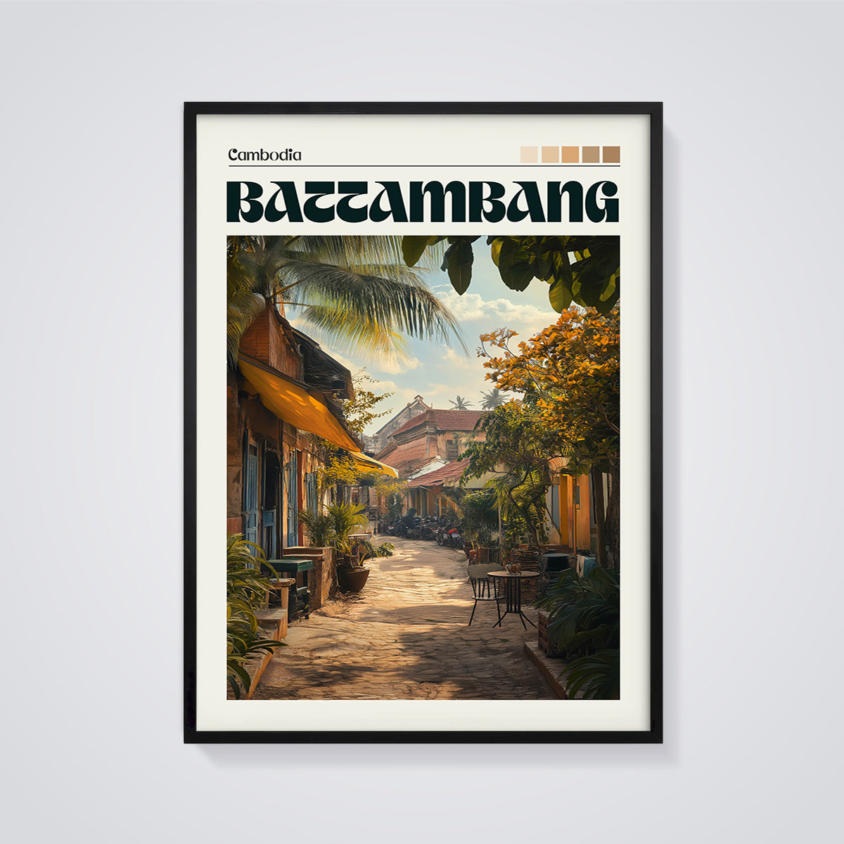 Battambang Street Scene Print framed in black on a grey background