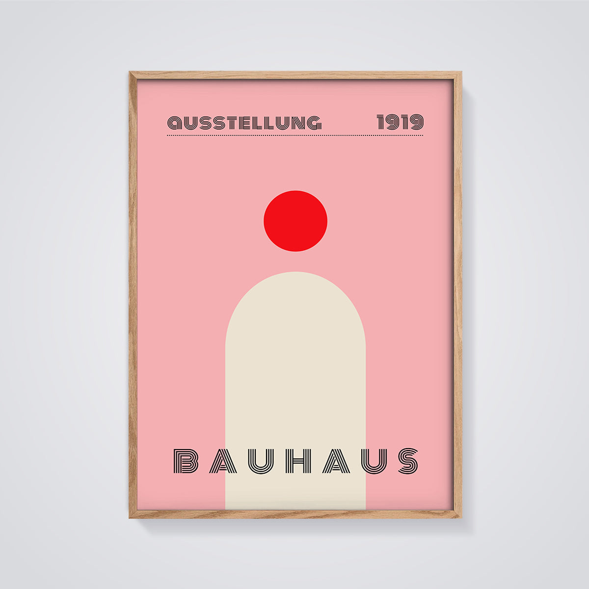 Bauhaus 1919 Exhibition Print framed in oak on a grey background