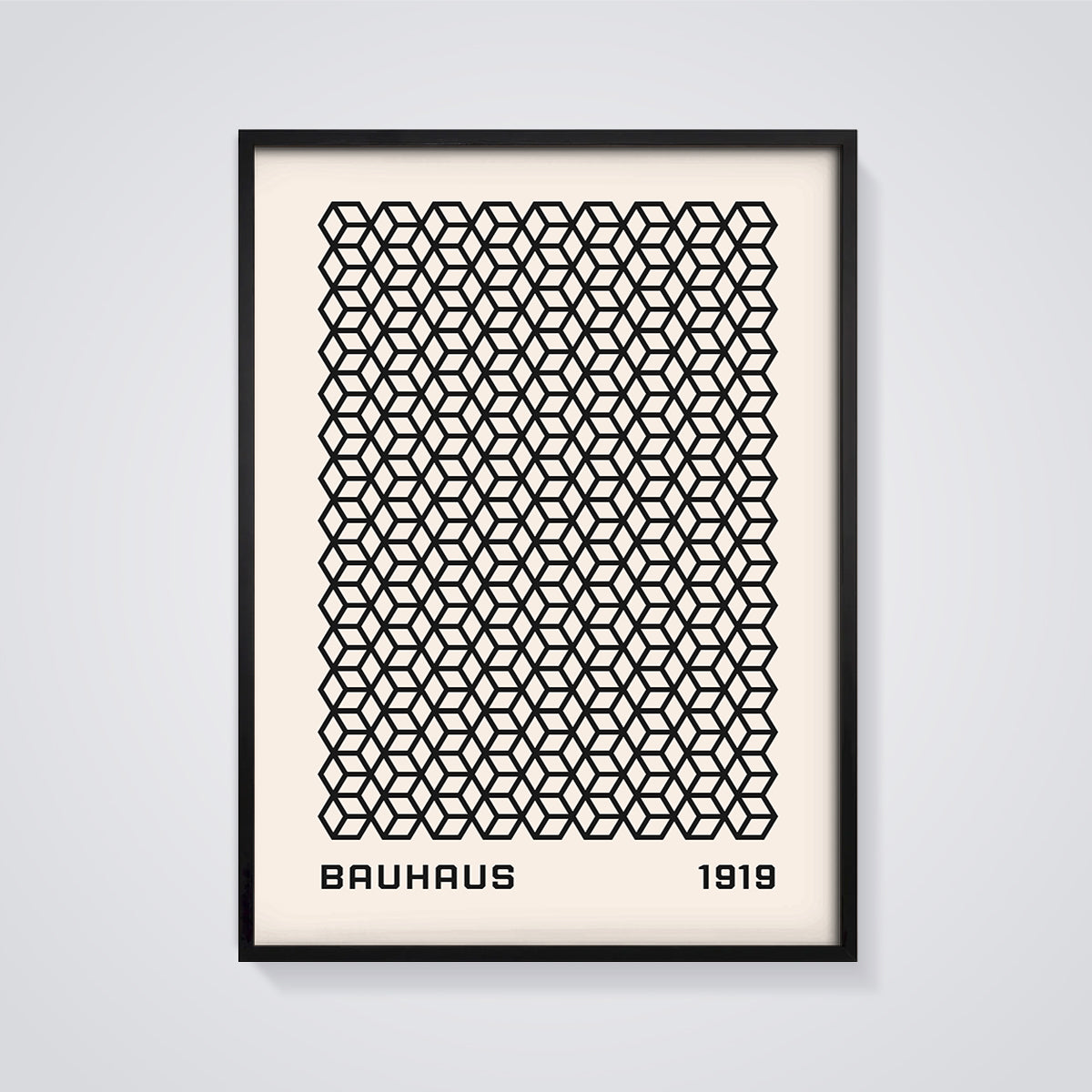 Bauhaus 1919 Geometric Cubes Pattern Print framed in black on a grey background
