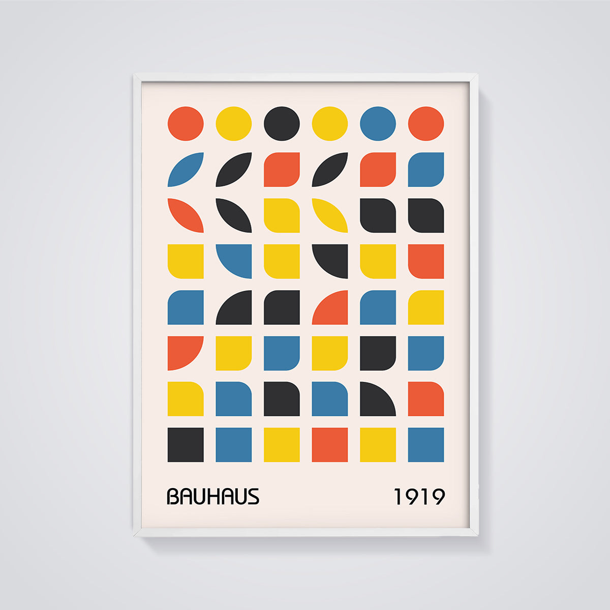 Bauhaus 1919 Geometric Grid Print framed in white on a grey background