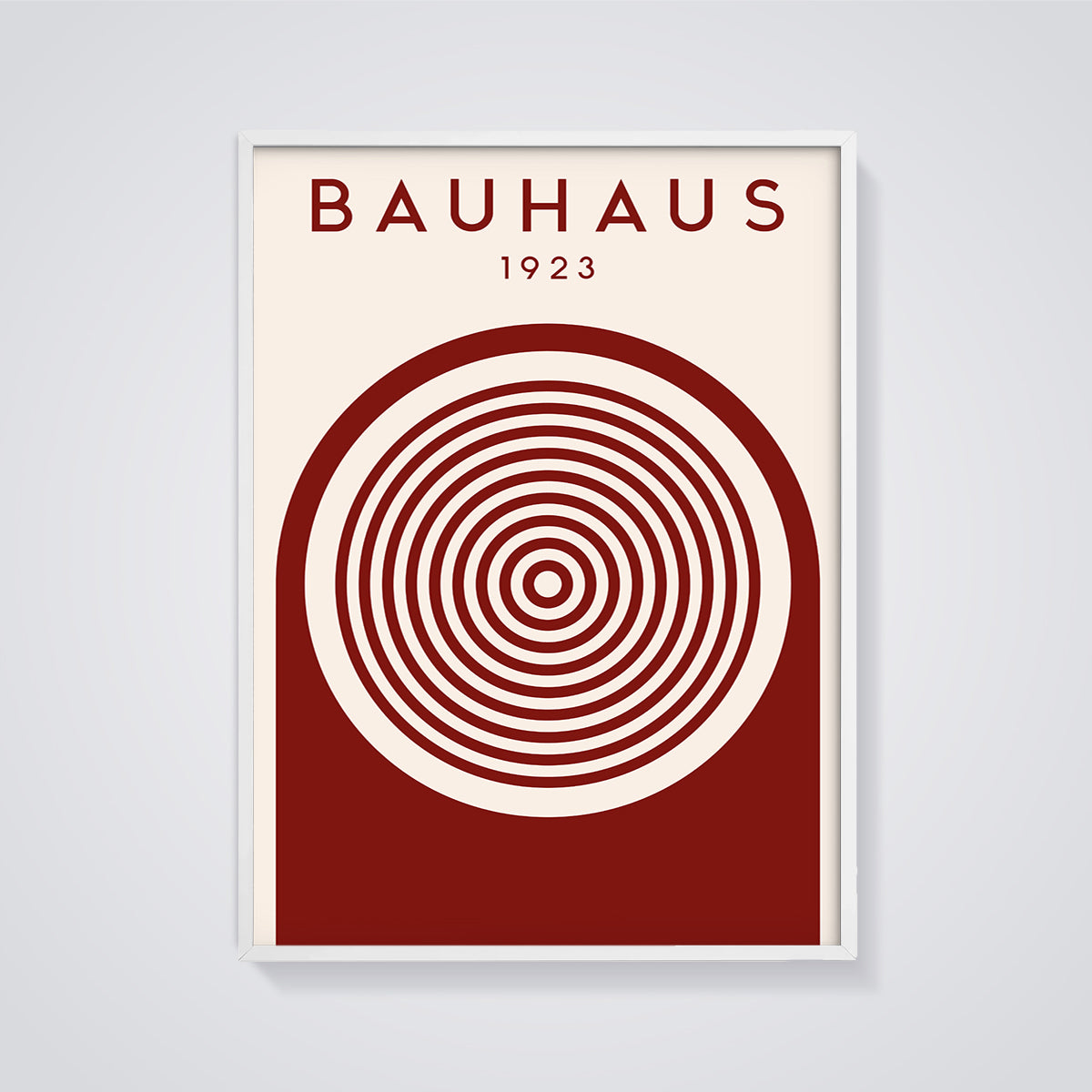 Bauhaus 1923 Concentric Arch Print framed in white on a grey background