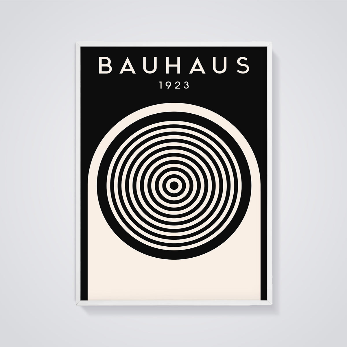 Bauhaus 1923 Concentric Circles Print framed in white on a grey background