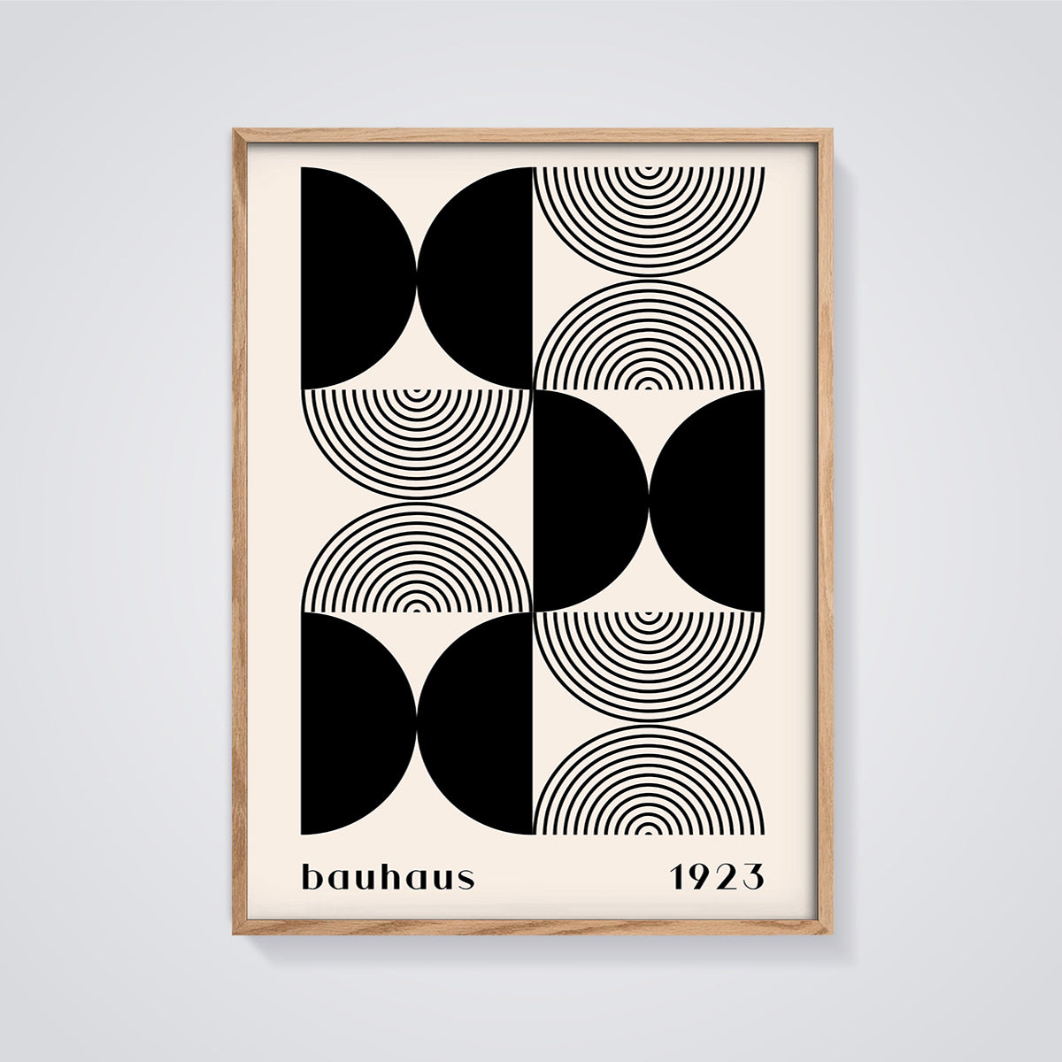 Bauhaus 1923 Geometric Abstract Print framed in oak on a grey background