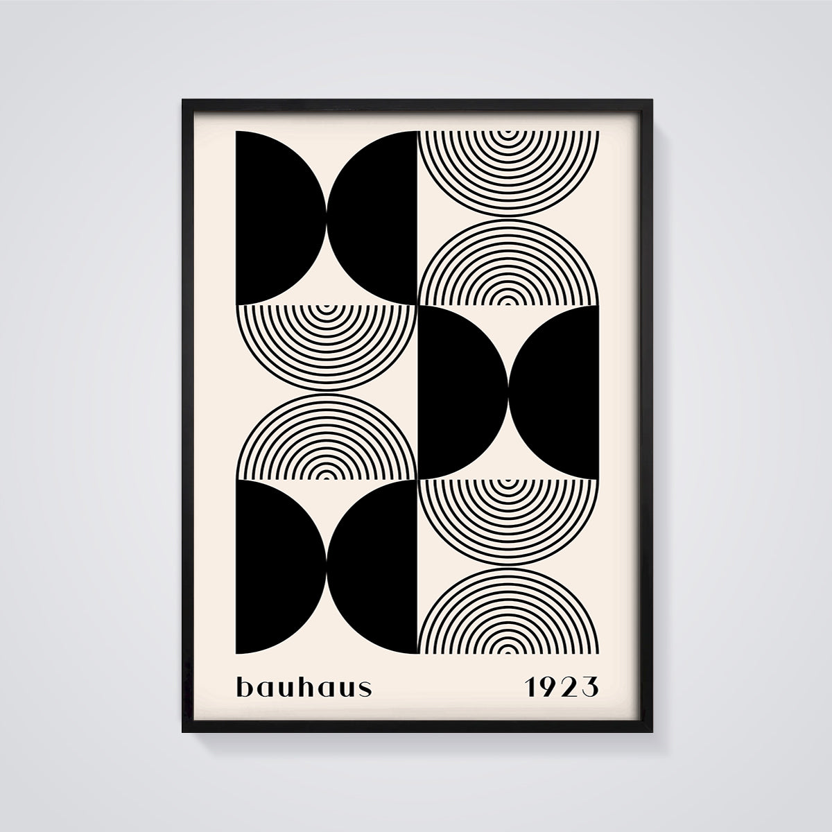 Bauhaus 1923 Geometric Abstract Print framed in black on a grey background