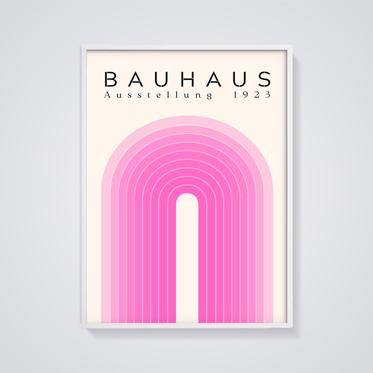 Bauhaus 1923 Pink Arch Print framed in white on a grey background