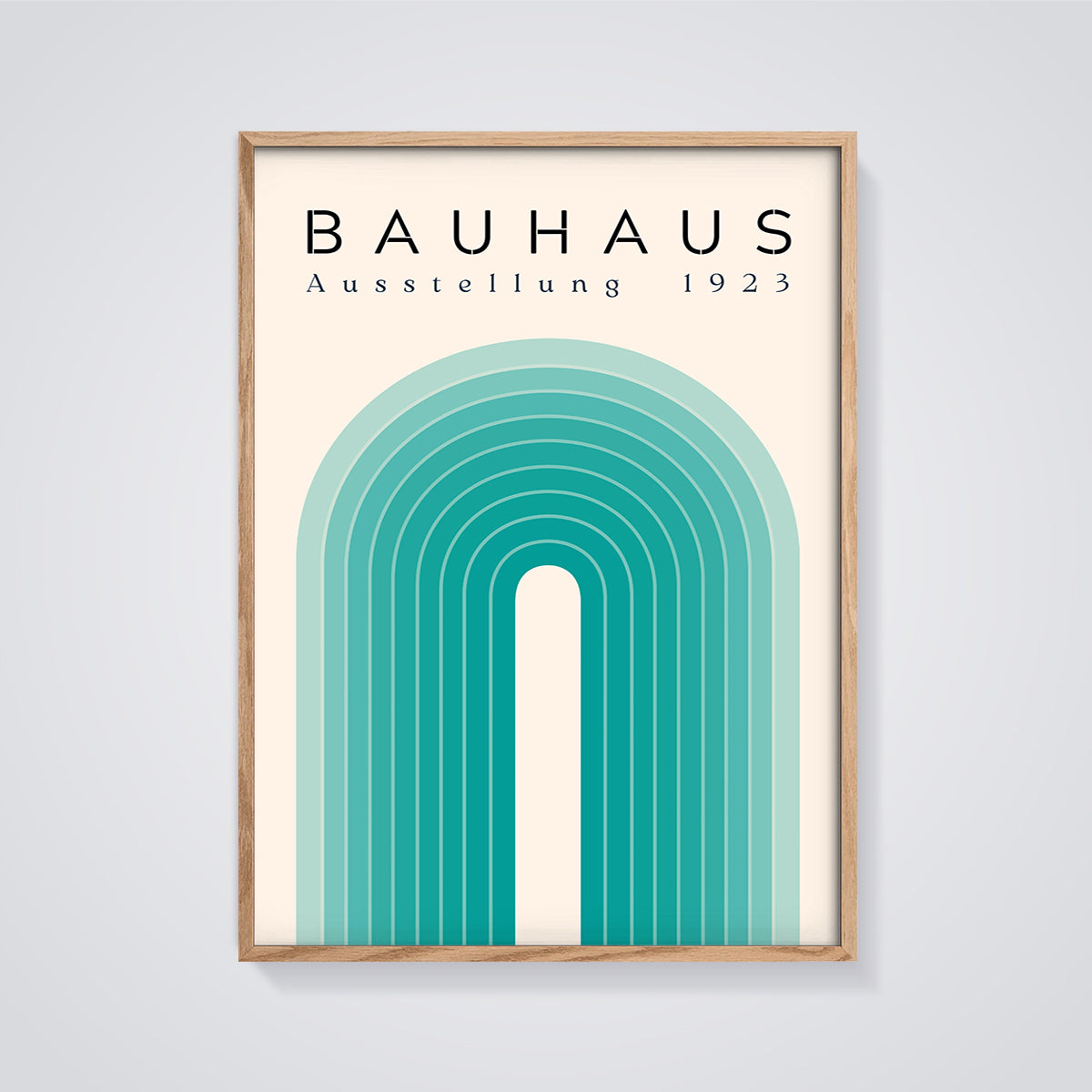 Bauhaus Ausstellung 1923 Arches Print Aesthetic framed in oak on a grey background
