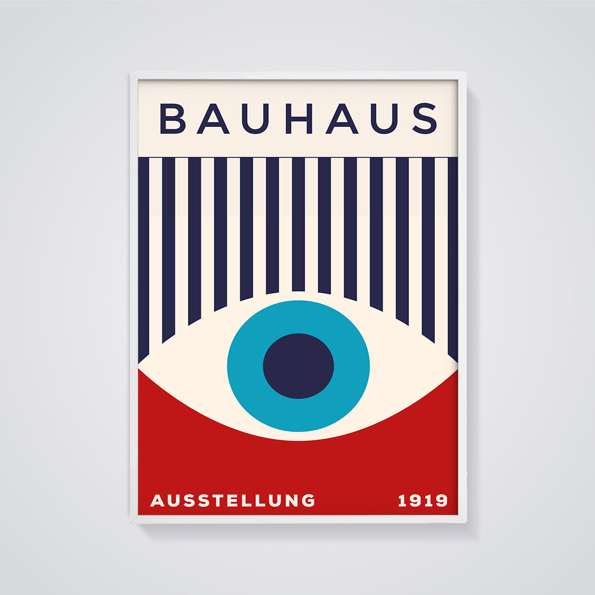 Bauhaus Exhibition Eye Print framed in white on a grey background