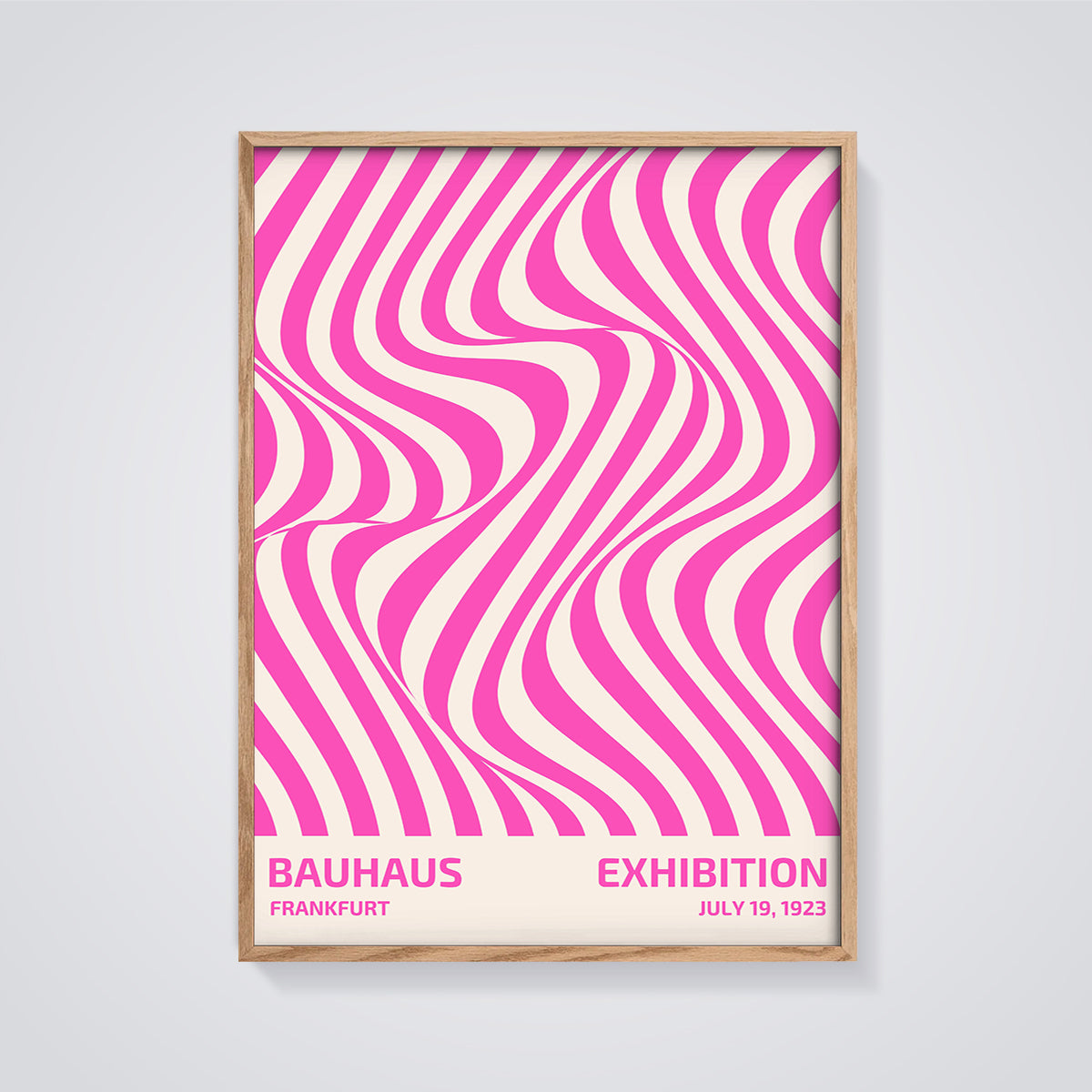 Bauhaus Frankfurt Pink Wave Print framed in oak on a grey background