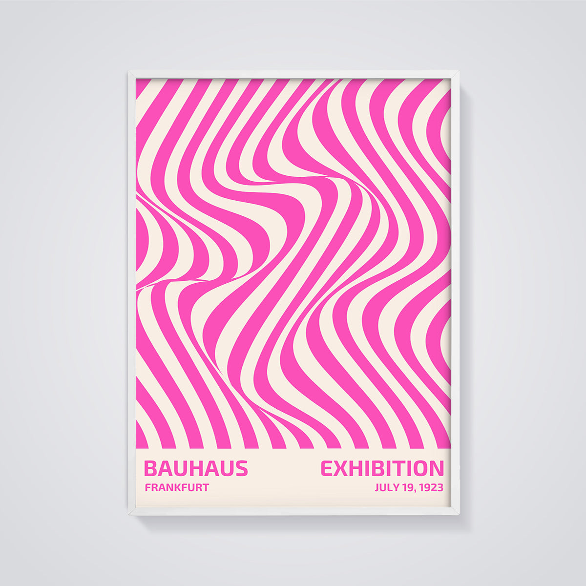 Bauhaus Frankfurt Pink Wave Print framed in white on a grey background