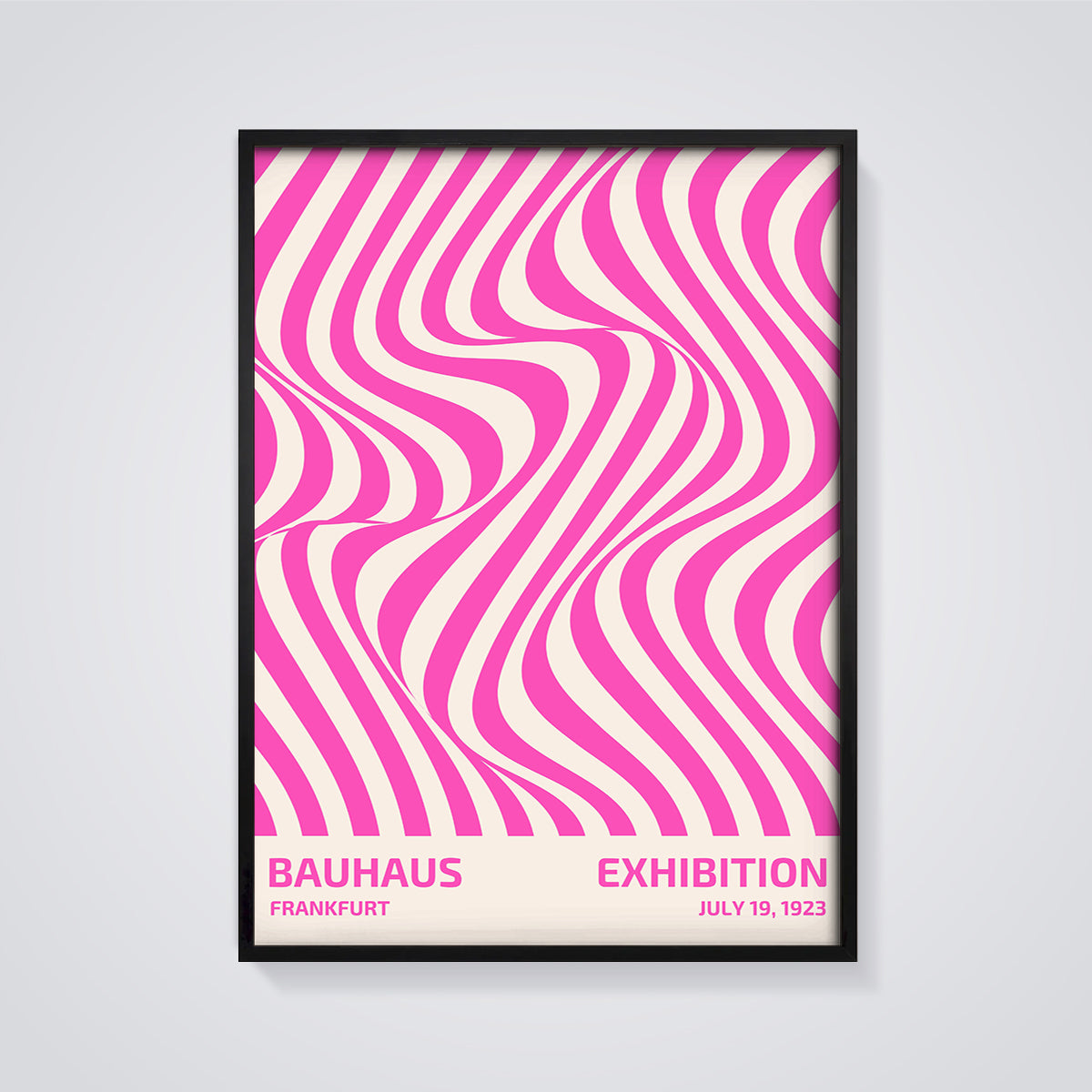 Bauhaus Frankfurt Pink Wave Print framed in black on a grey background