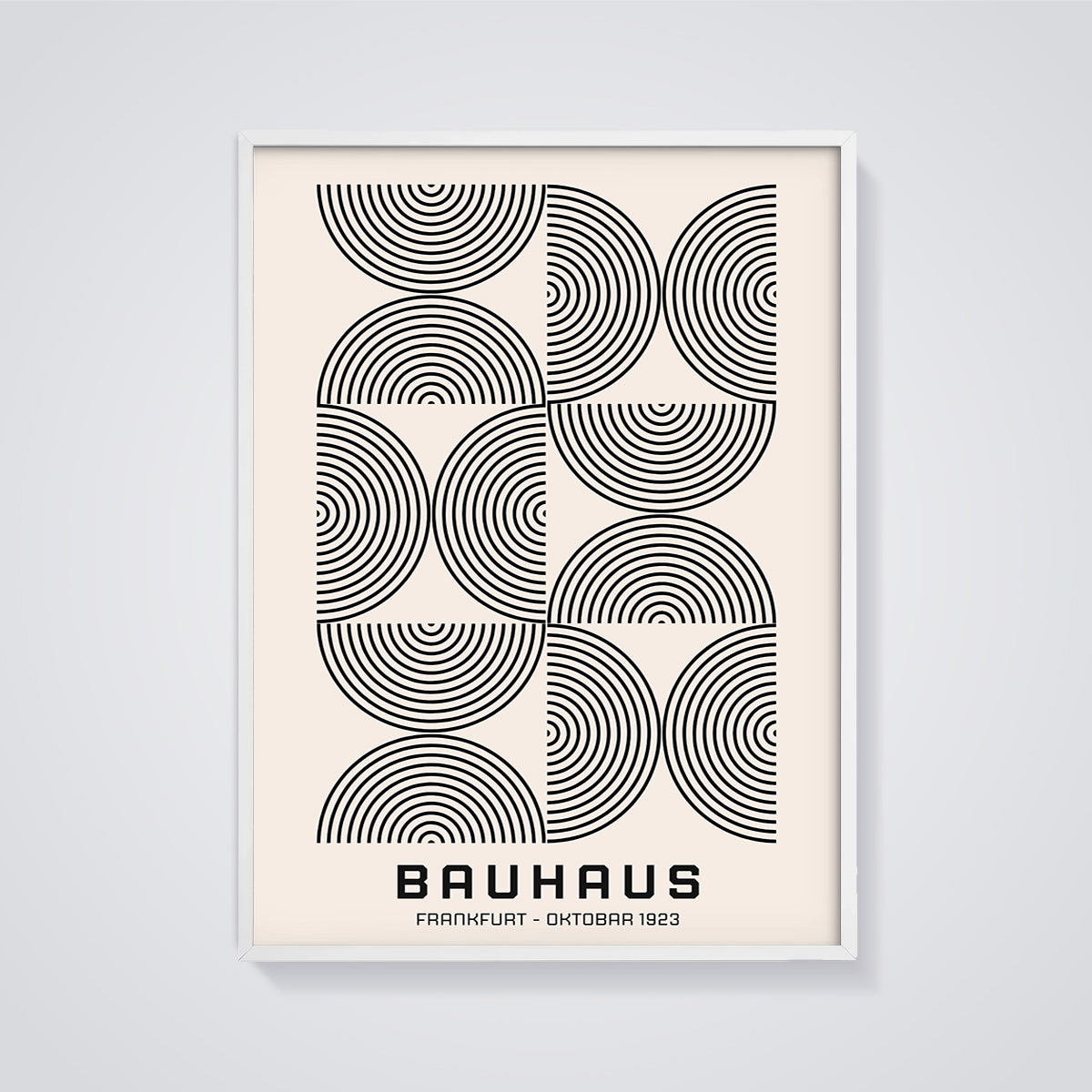 Bauhaus Geometric Circles Print framed in white on a grey background