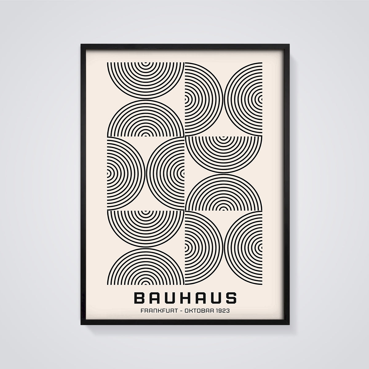 Bauhaus Geometric Circles Print framed in black on a grey background