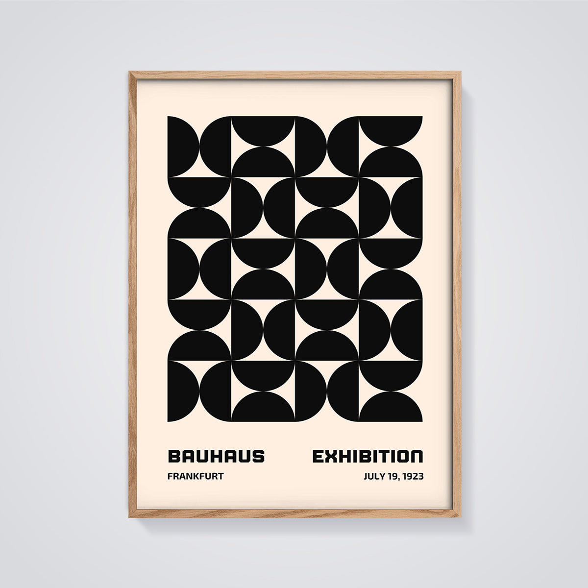 Bauhaus Geometric Pattern Print framed in oak on a grey background