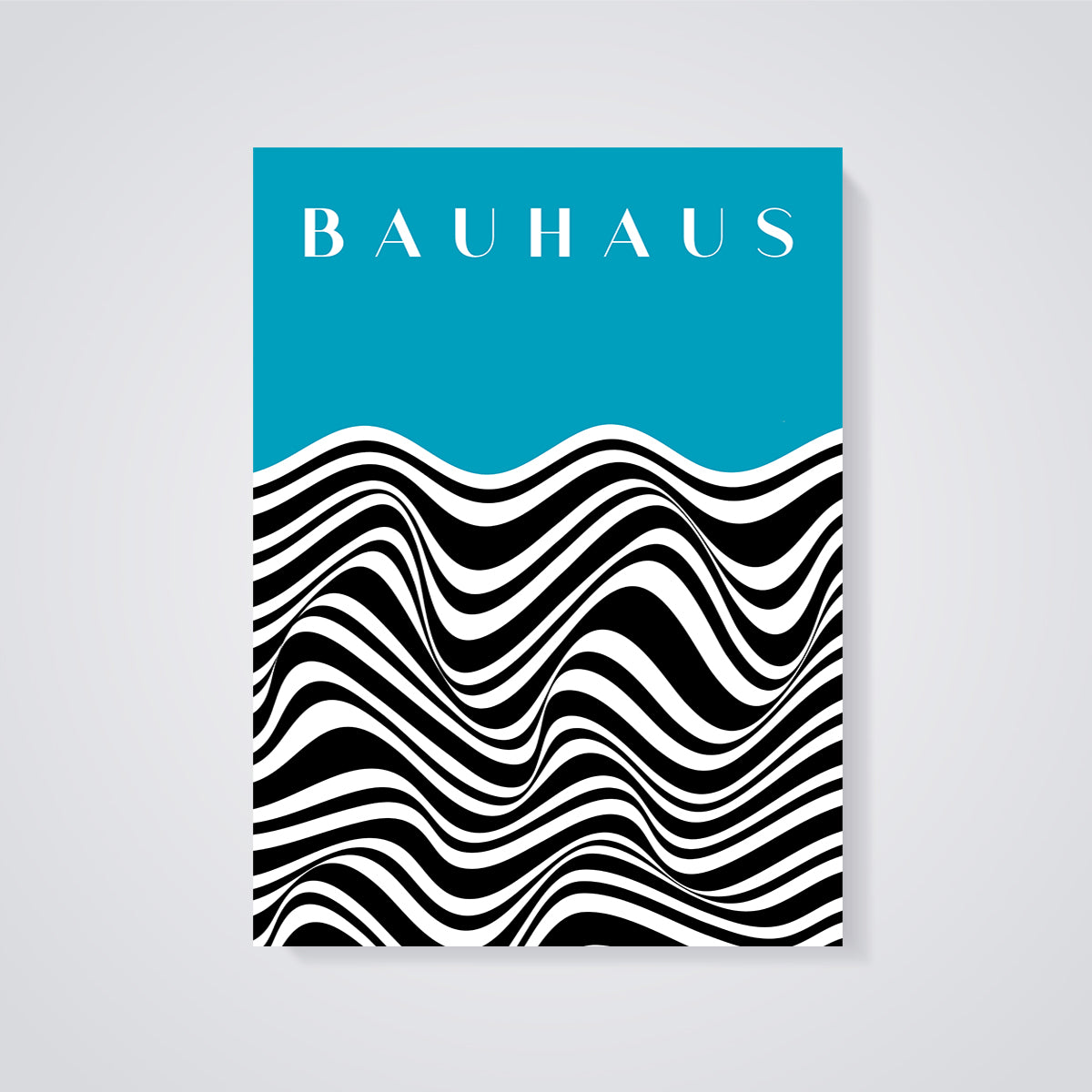 Bauhaus Teal Optical Wave Print unframed on a grey background