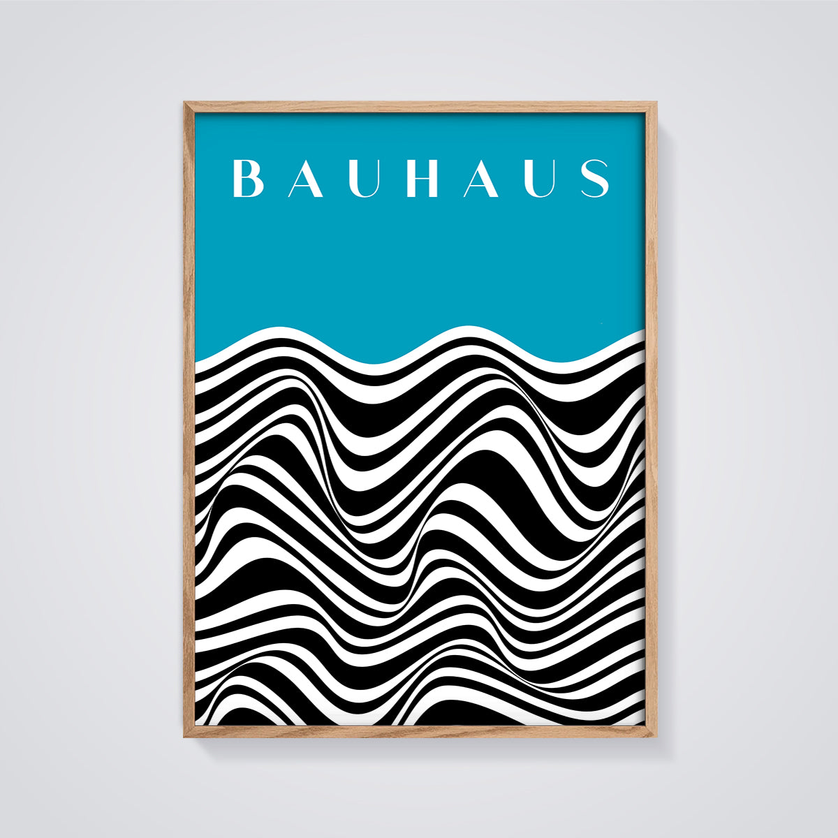 Bauhaus Teal Optical Wave Print framed in oak on a grey background