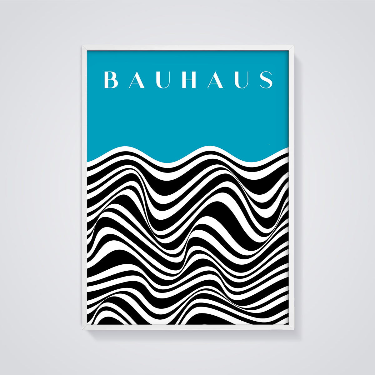 Bauhaus Teal Optical Wave Print framed in white on a grey background
