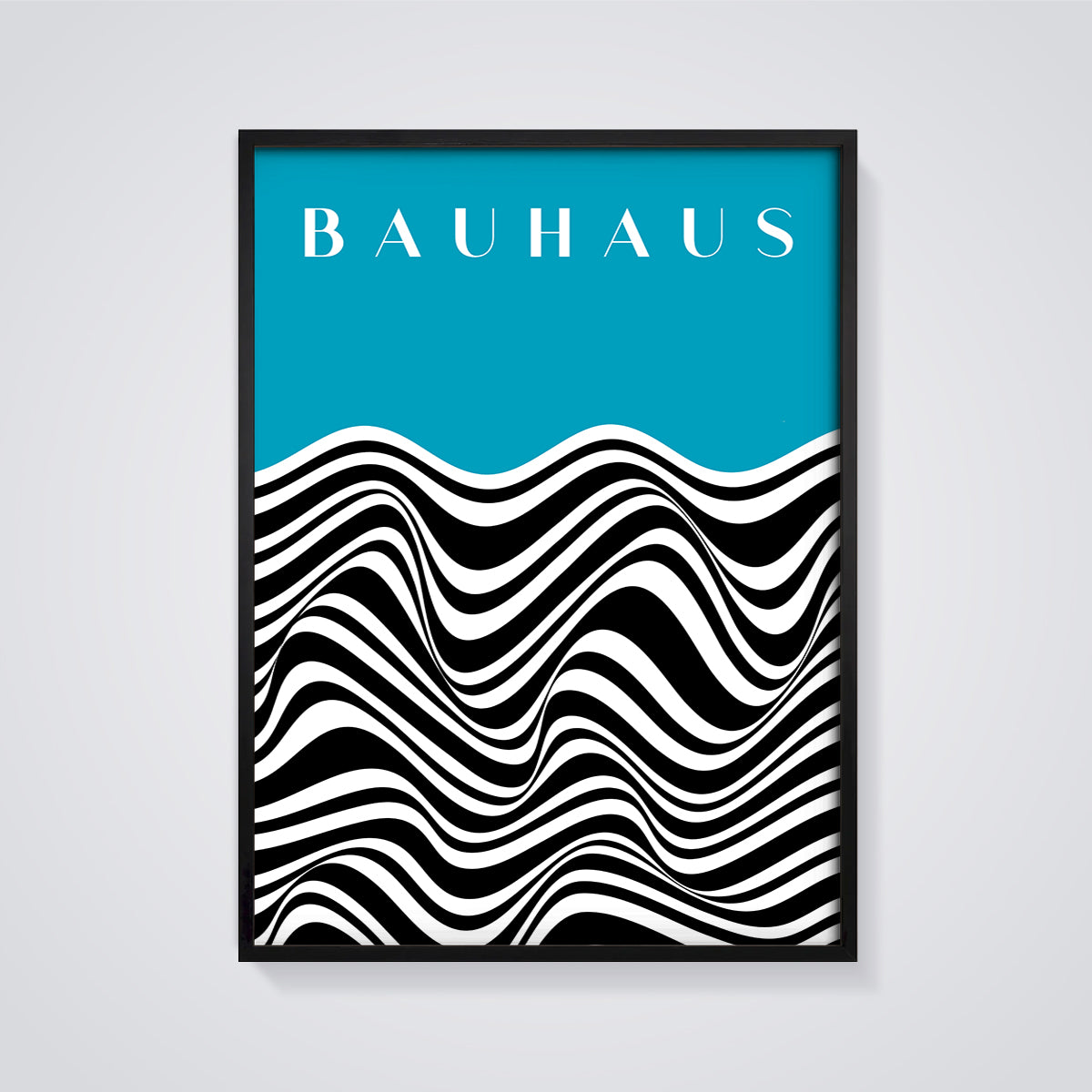 Bauhaus Teal Optical Wave Print framed in black on a grey background