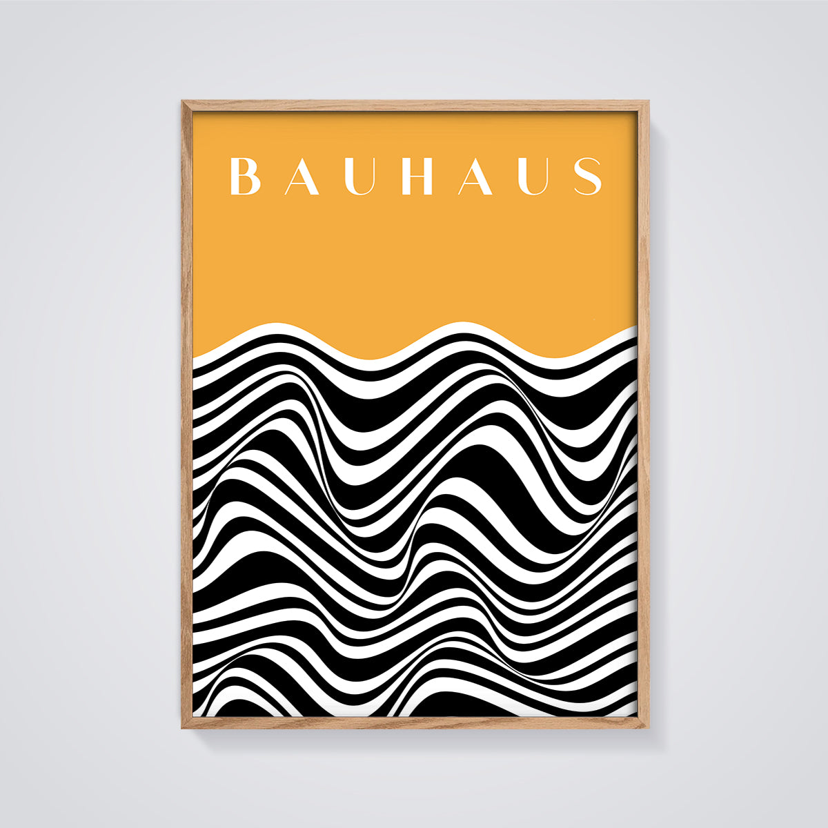 Bauhaus Wavy Stripes Print framed in oak on a grey background